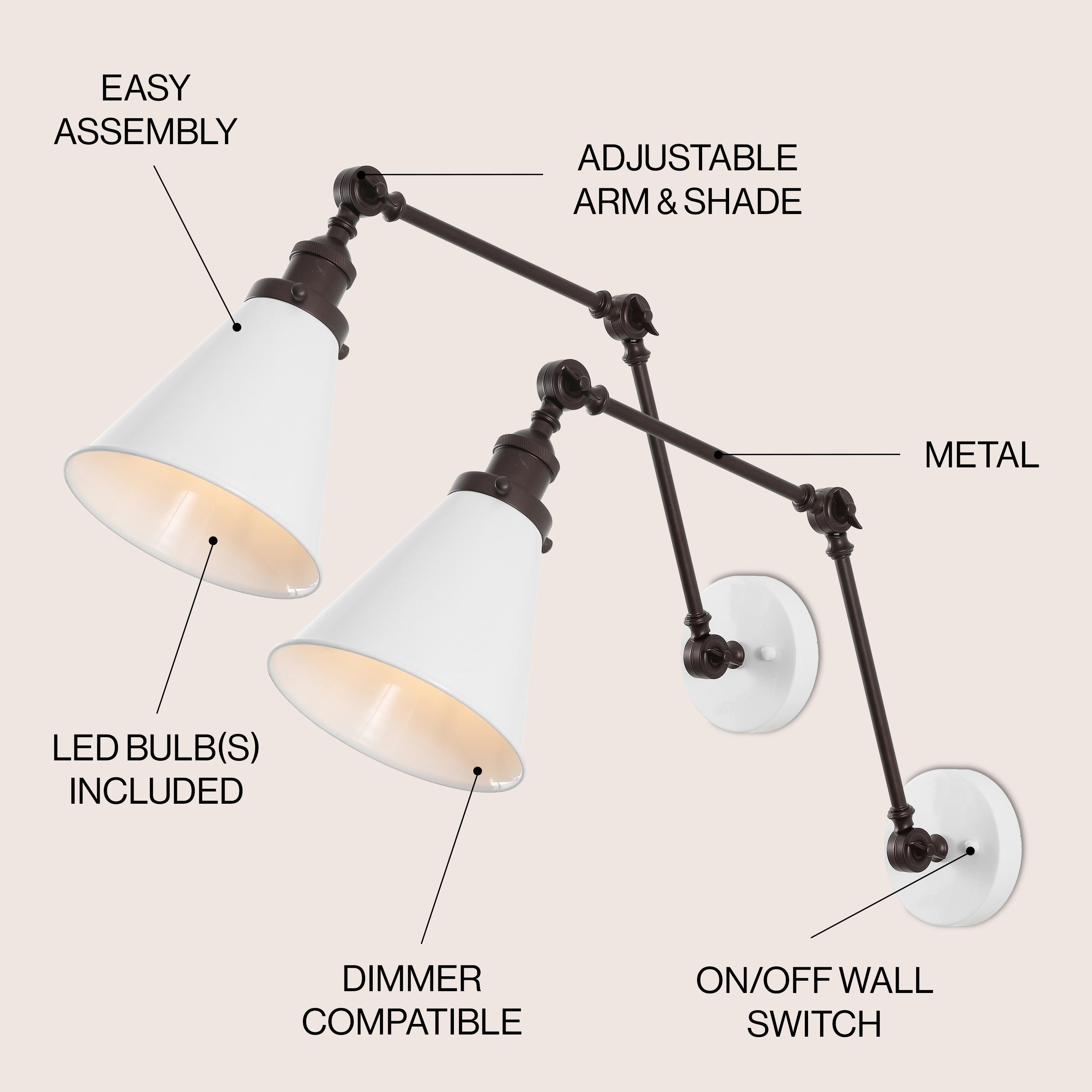 JONATHAN Y Rover 7" Classic Industrial Metal Adjustable Arm LED Wall Sconce, White/Oil Rubbed Bronze (Set of 2)
