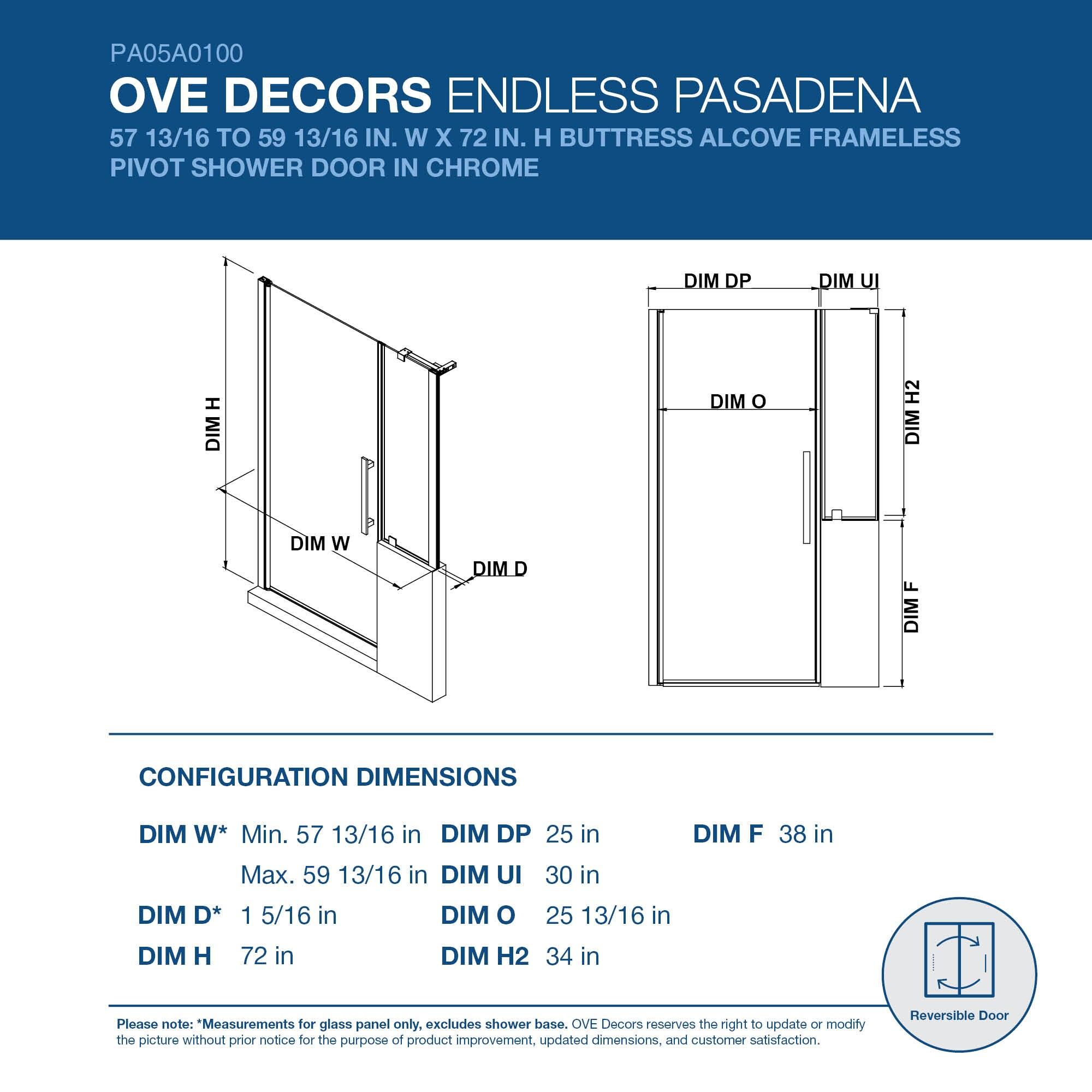 OVE Decors Endless PA05A0100 Pasadena, Buttress Alcove Frameless Shower Door, 57 13/16 to 59 13/16 in. W x 72 in. H, in Chrome