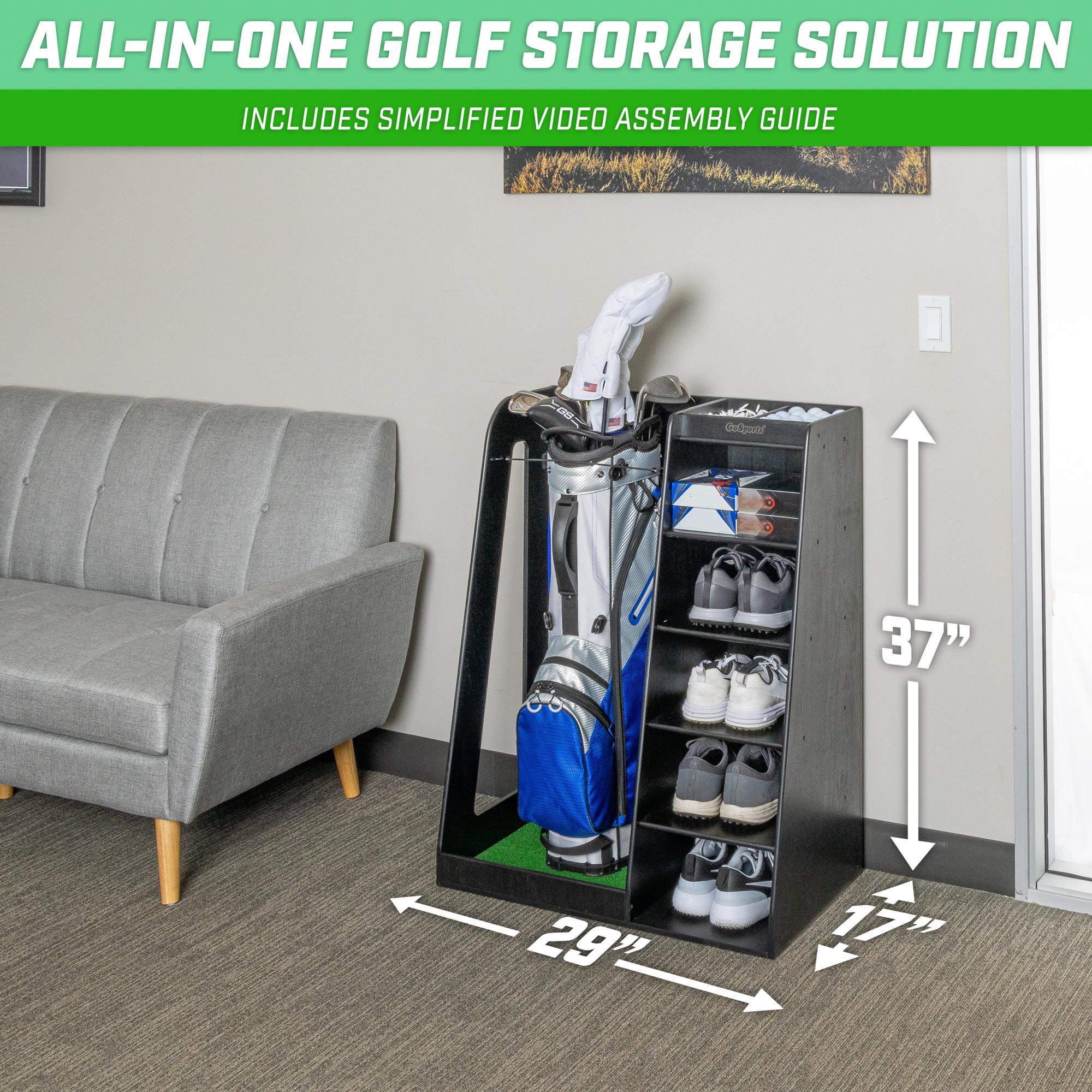 GoSports Premium Wooden Freestanding Golf Bag Organizer and Storage Rack