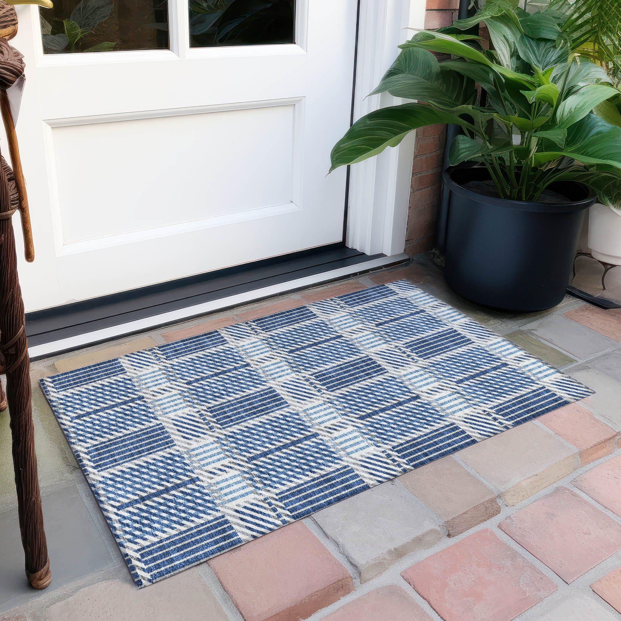 Navy Rectangular Synthetic Washable Indoor/Outdoor Rug 30" x 20"