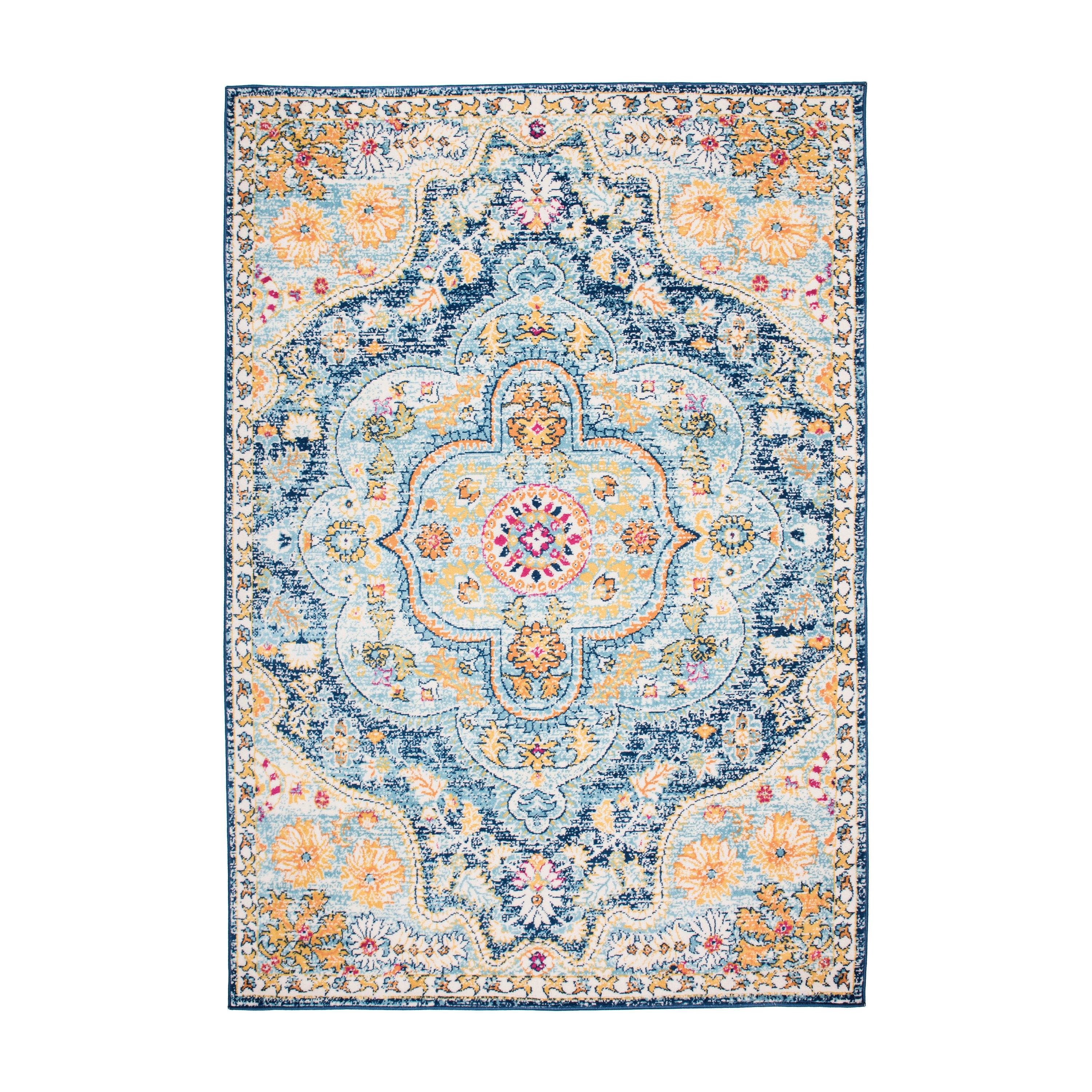 World Rug Gallery Distressed Vintage Bohemian Navy 5' x 7' Area Rug:  Medallion Pattern,  Pet Friendly,  Stain-Resistant,  Low Pile