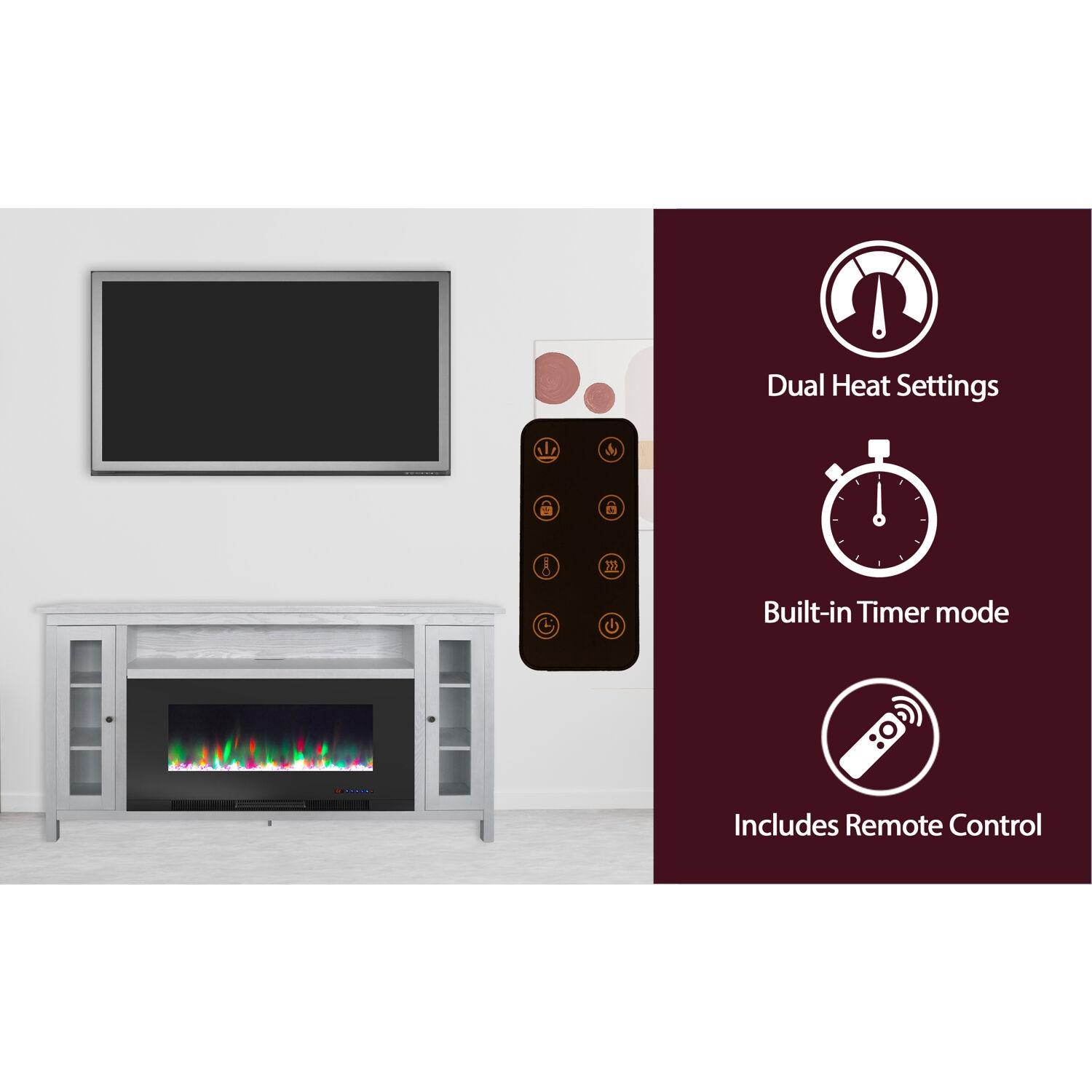 Cambridge Somerset 70-In. White Electric Fireplace TV Stand with Multi-Color LED Flames, Crystal Rock Display, and Remote Control