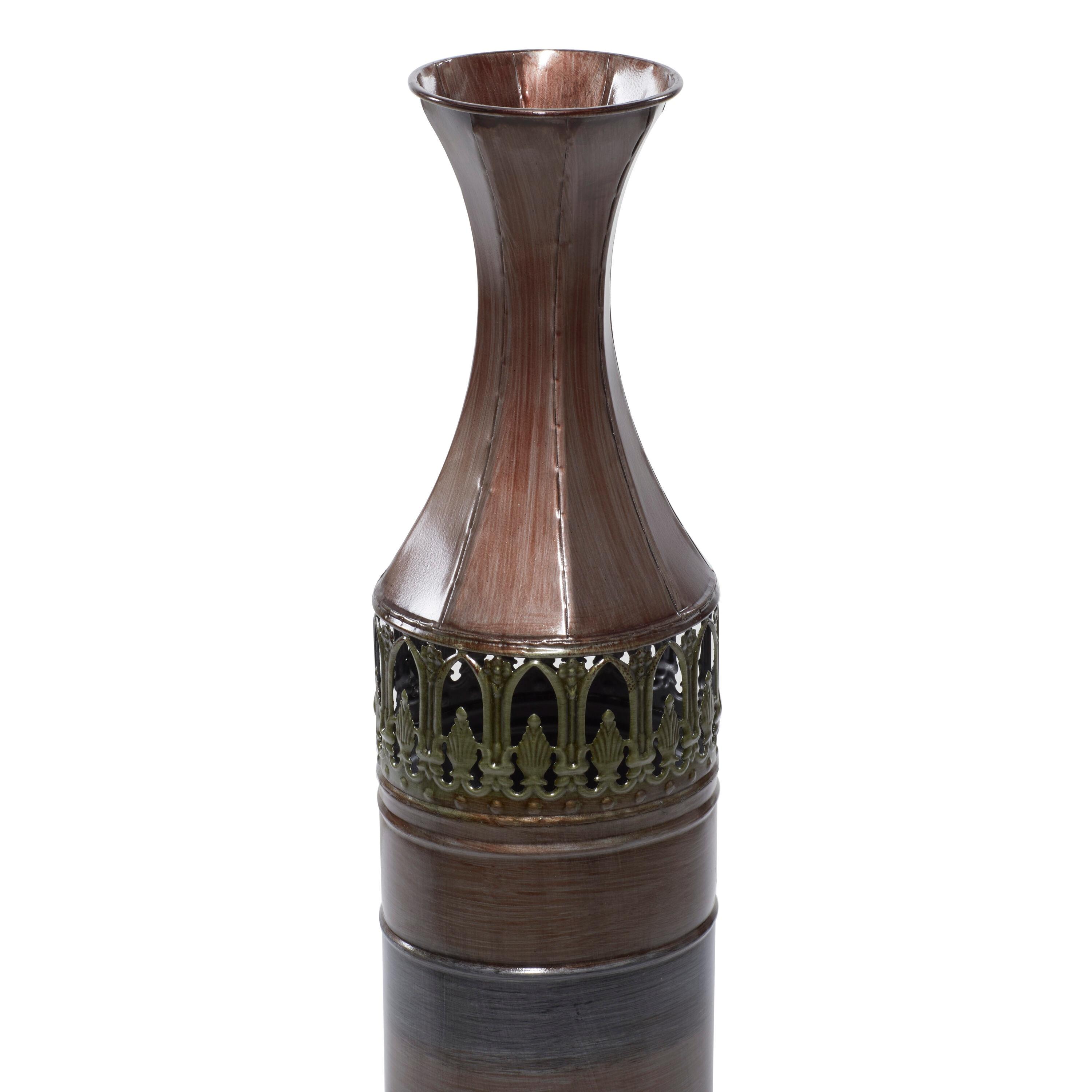 DecMode 34", 31", 28"H Tall Ombre Bronze Metal Vase with Laser Cut Antefix Design, Set of 3
