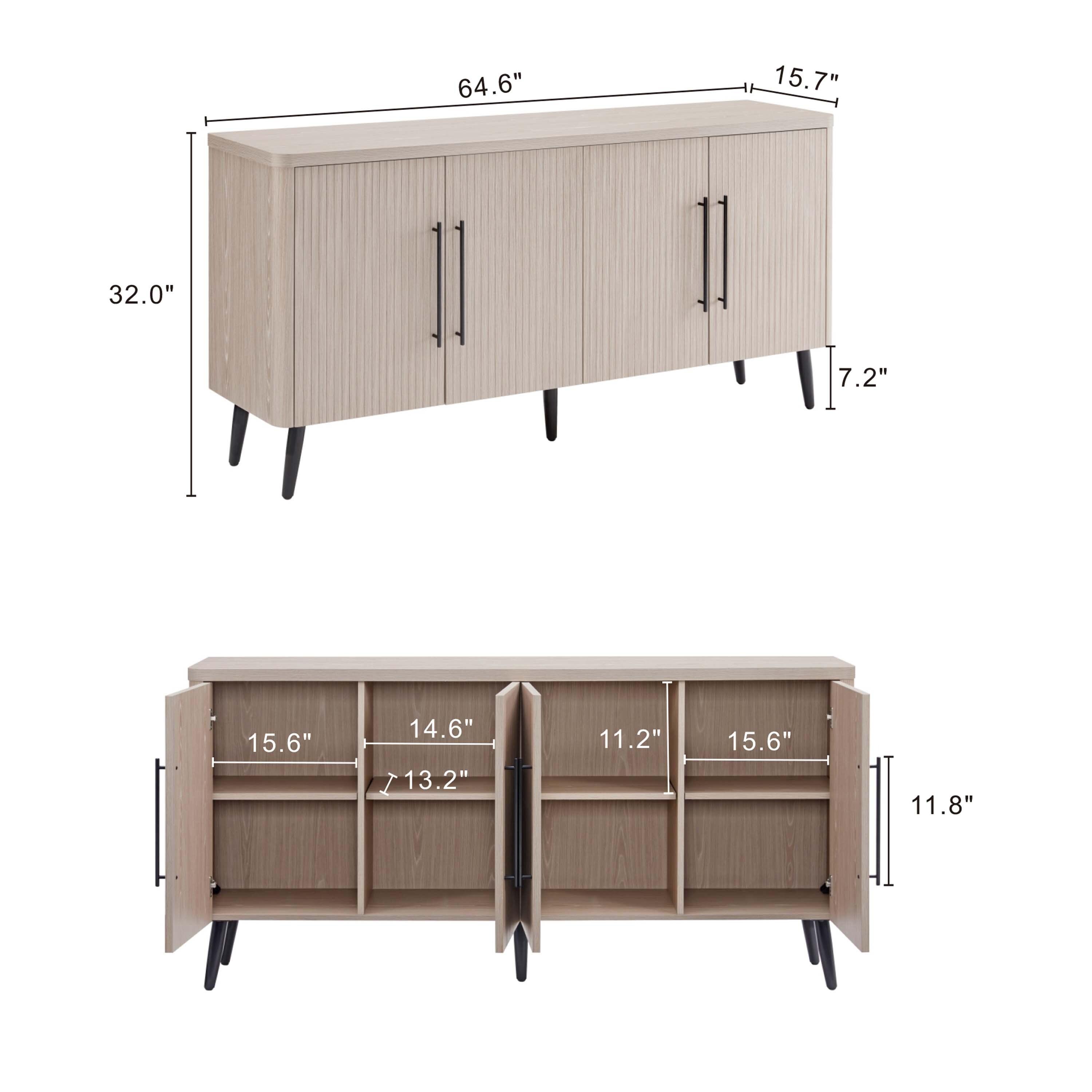 Manhattan Comfort Jodie 65" Mid-Century Modern Sideboard with 8 Adjustable Shelves in Whitewashed Oak