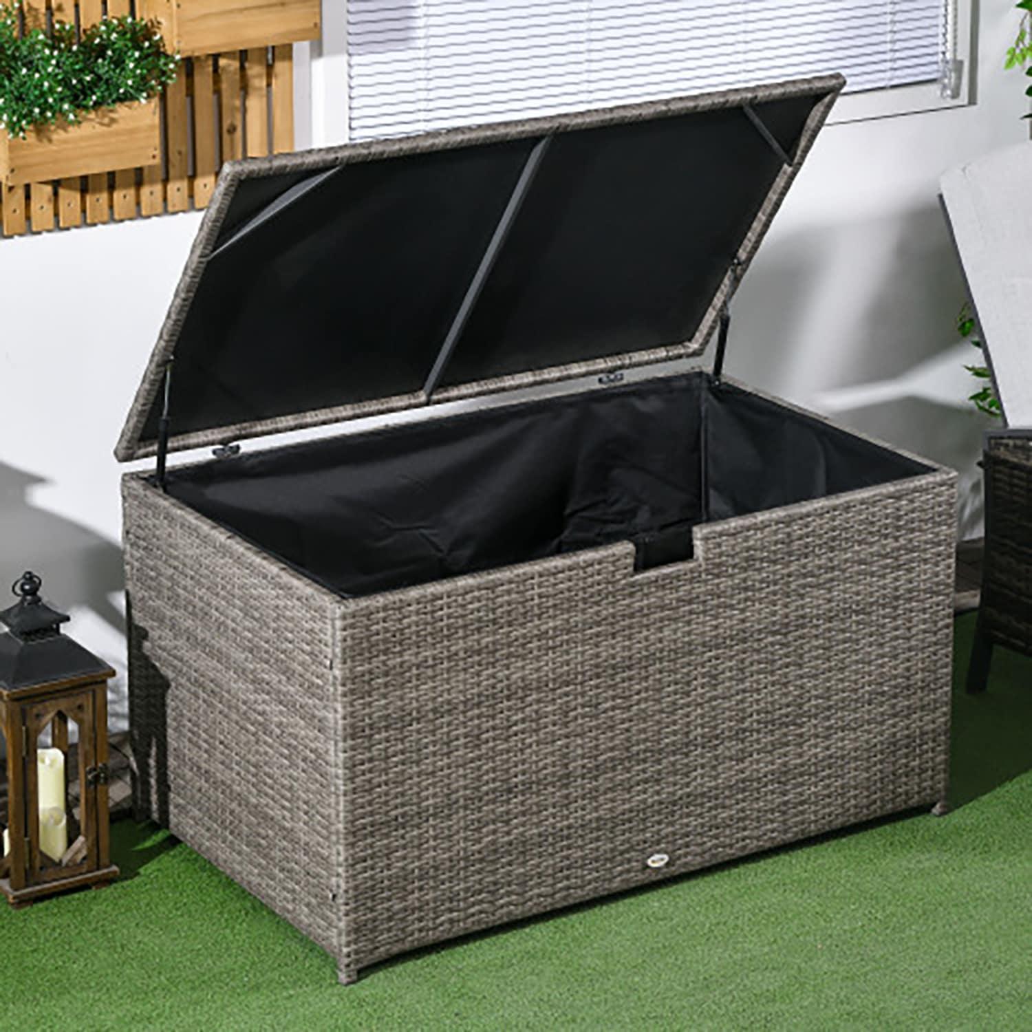 Outsunny 113 Gallon Deck Box, Rattan Outdoor Storage Box, Waterproof Storage Container for Indoor, Patio Furniture Cushions, Pool Supplies, Garden Tools, Brown