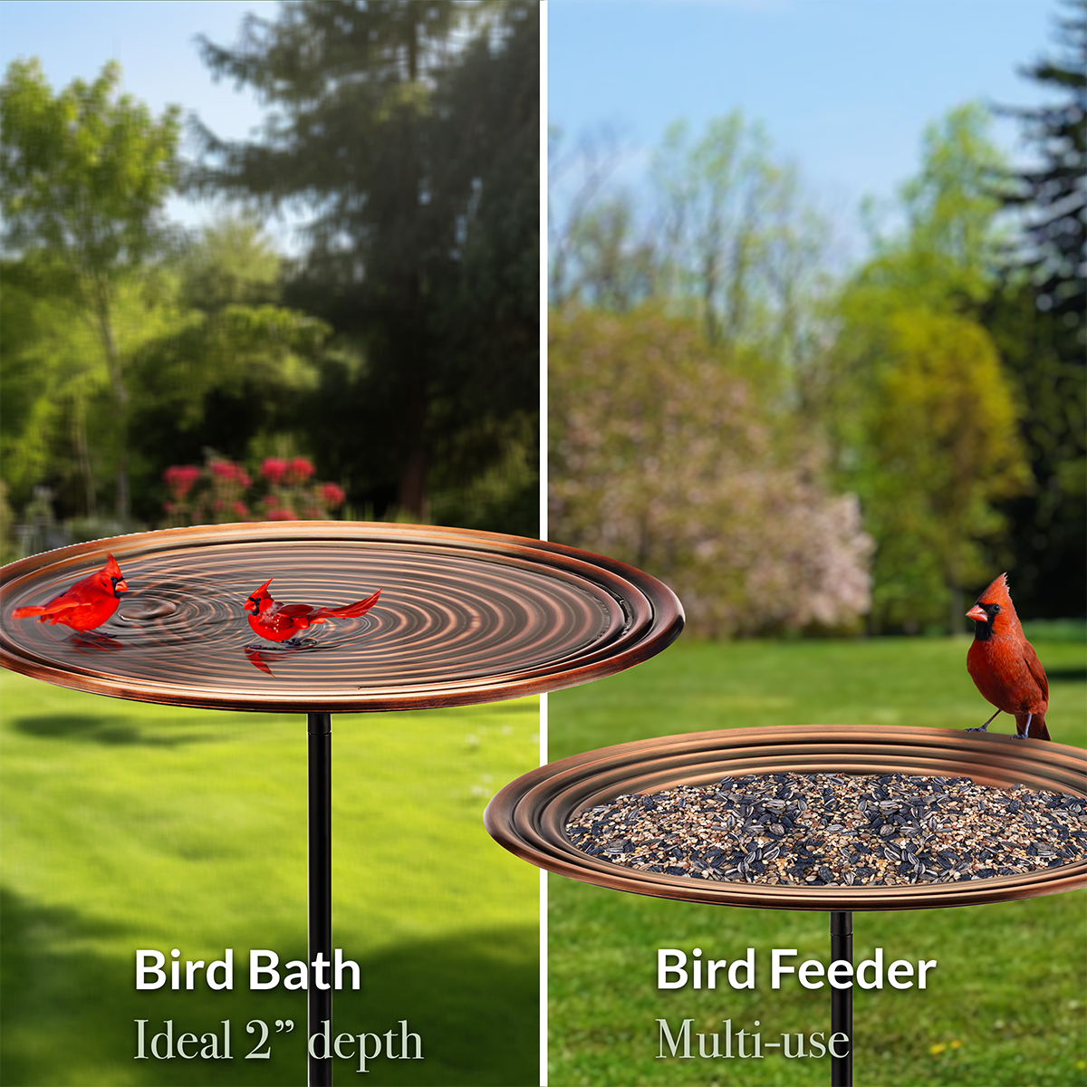 Large Bronze Copper Bird Bath with Metal Stake