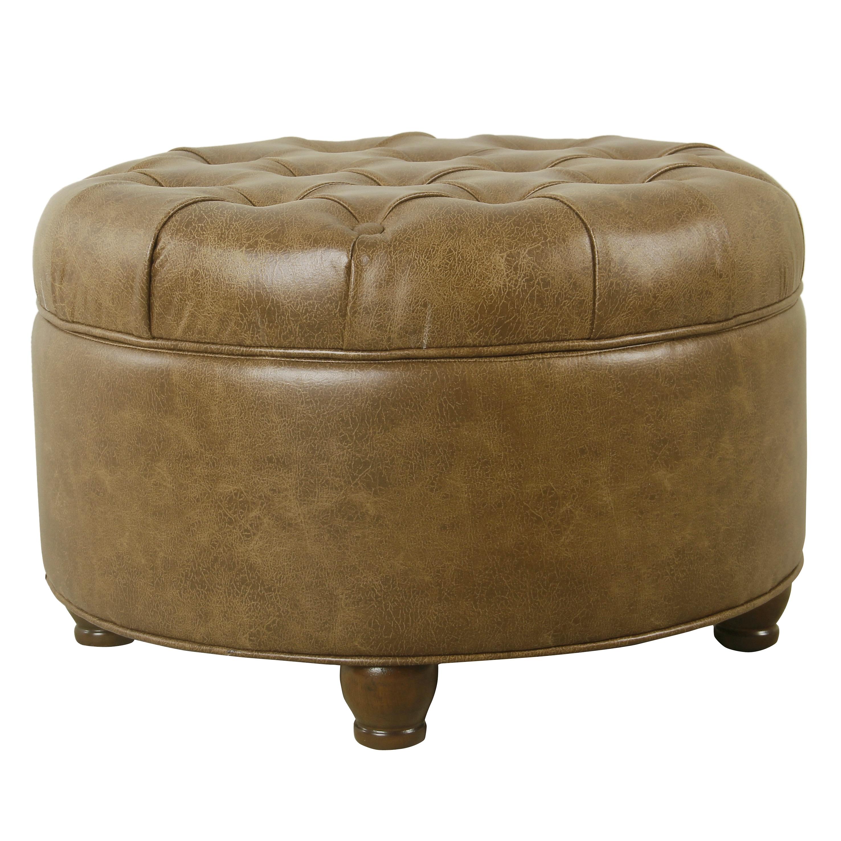 Large Tufted Round Storage Ottoman Faux Leather Distressed Brown - HomePop