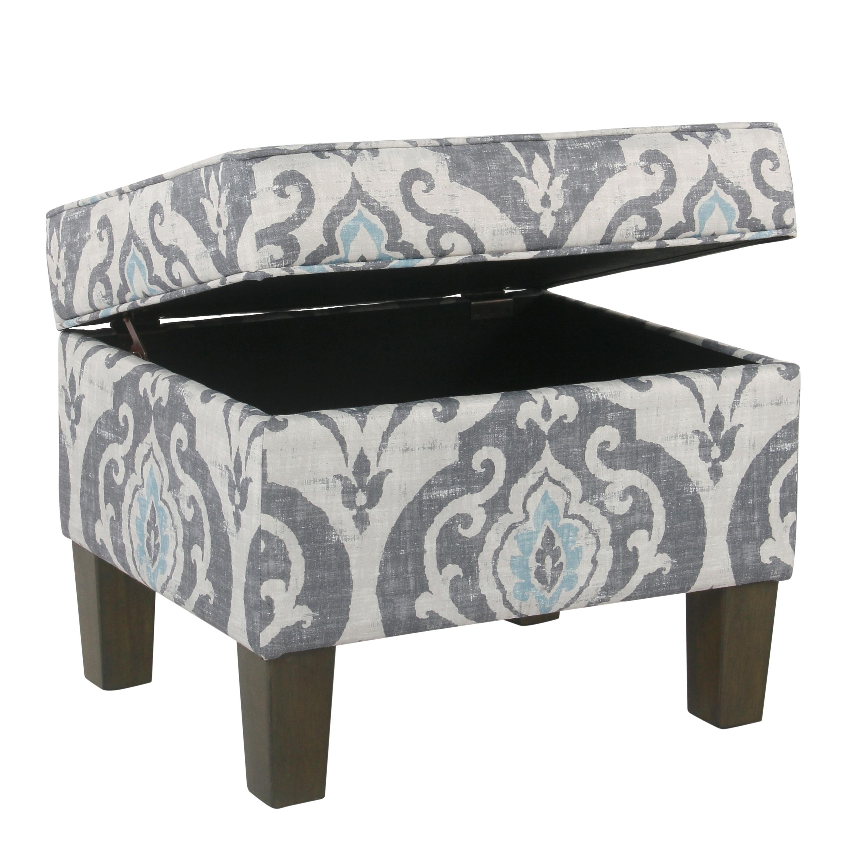 Medium Storage Ottoman Gray/Blue - HomePop: Upholstered Rectangular Footstool with Damask Pattern, Plywood & Hardwood Frame