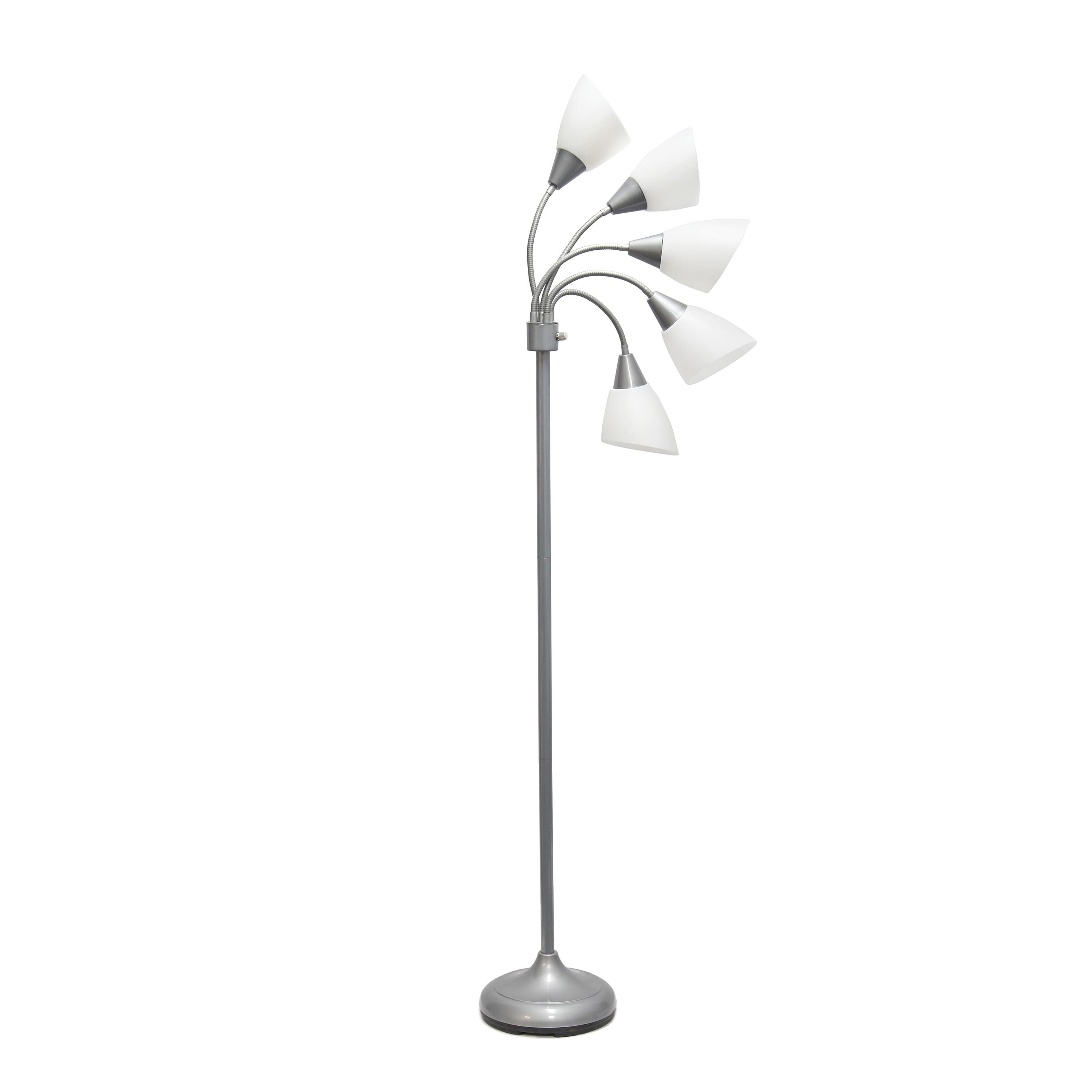 Simple Designs 67" Medusa 5-Light Adjustable Gooseneck Floor Lamp, Silver with White Shades