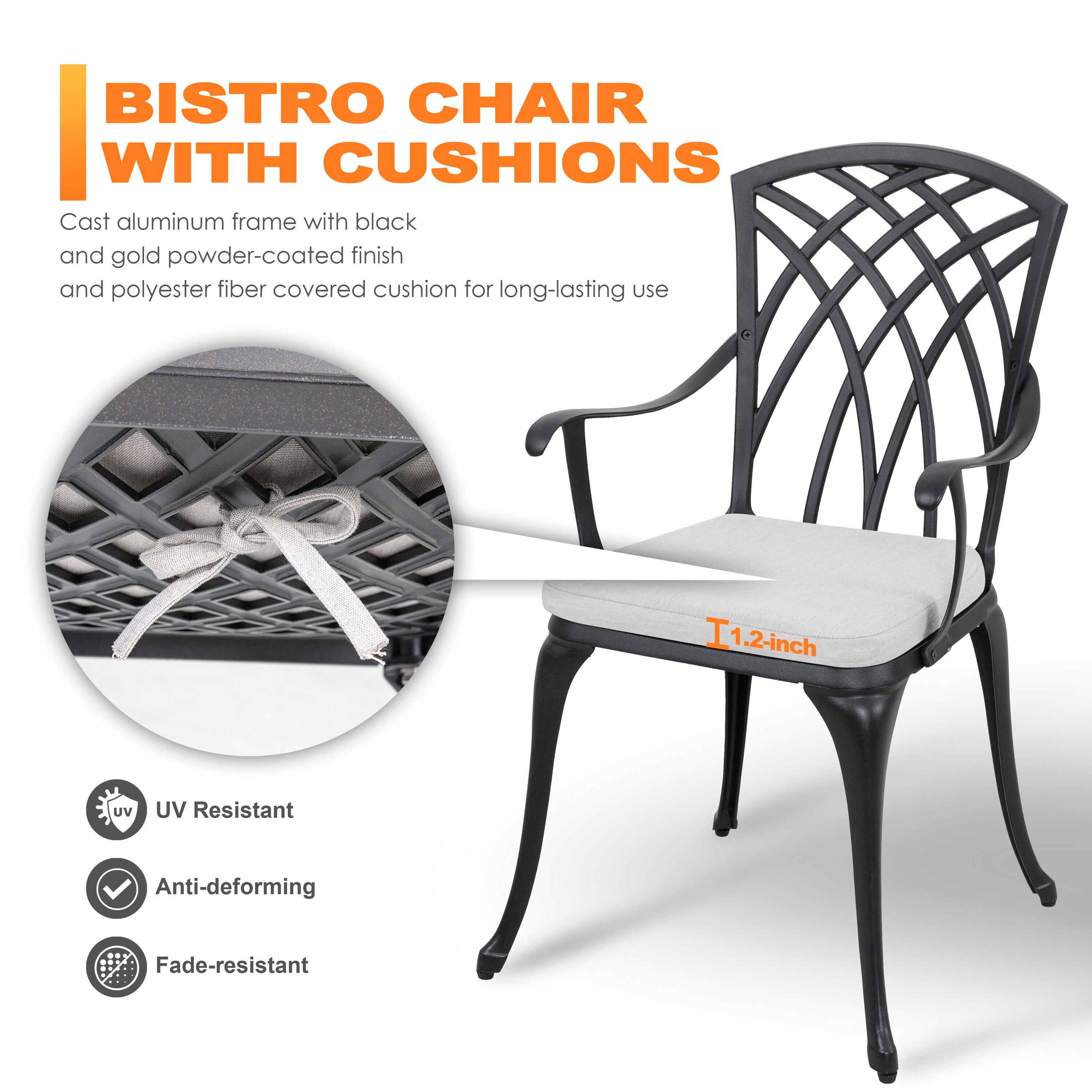 Black Cast Aluminum 3-Piece Bistro Set with Grey Cushions