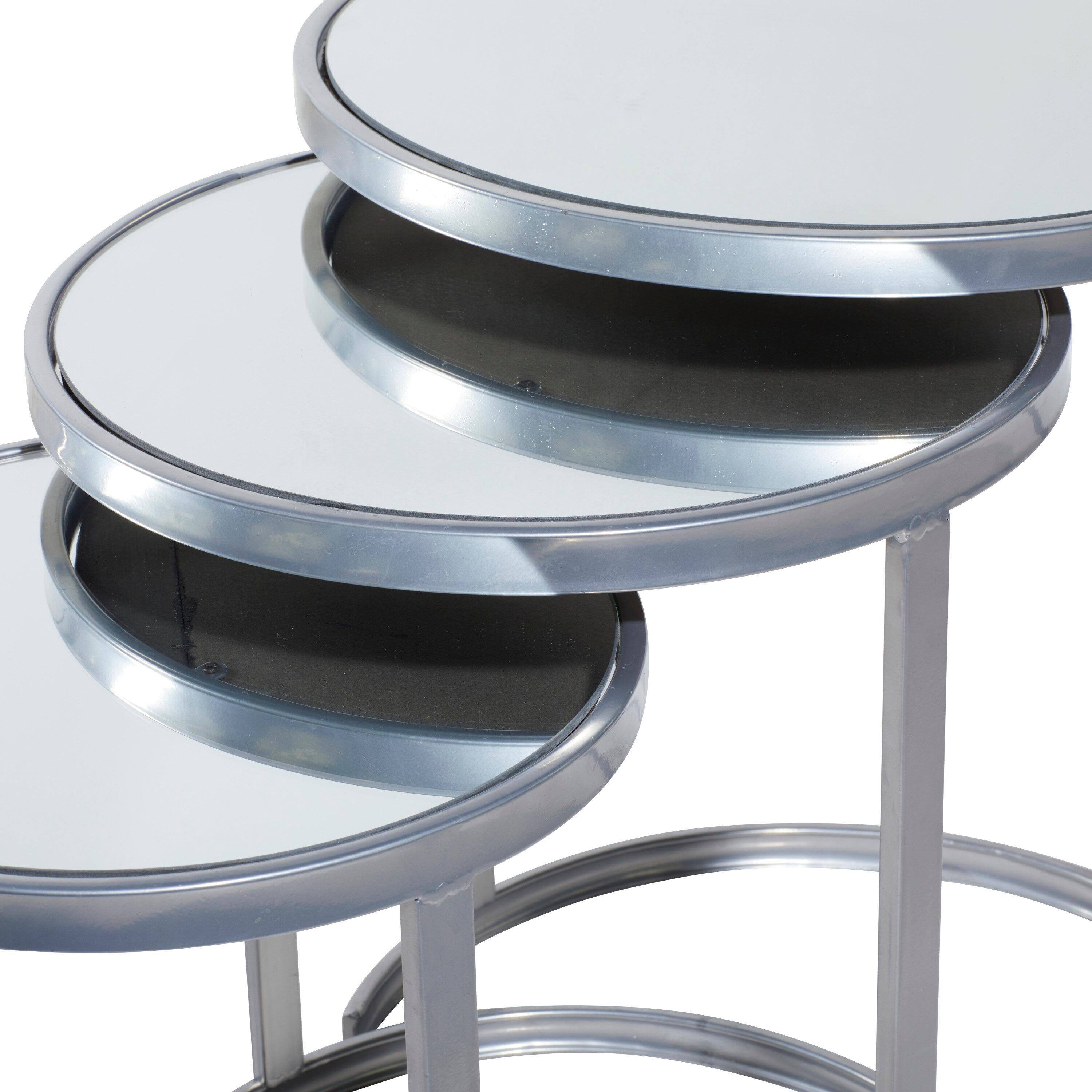 Oakengates Metal Round Nesting Side End Accent Table with Mirrored Glass Top Set