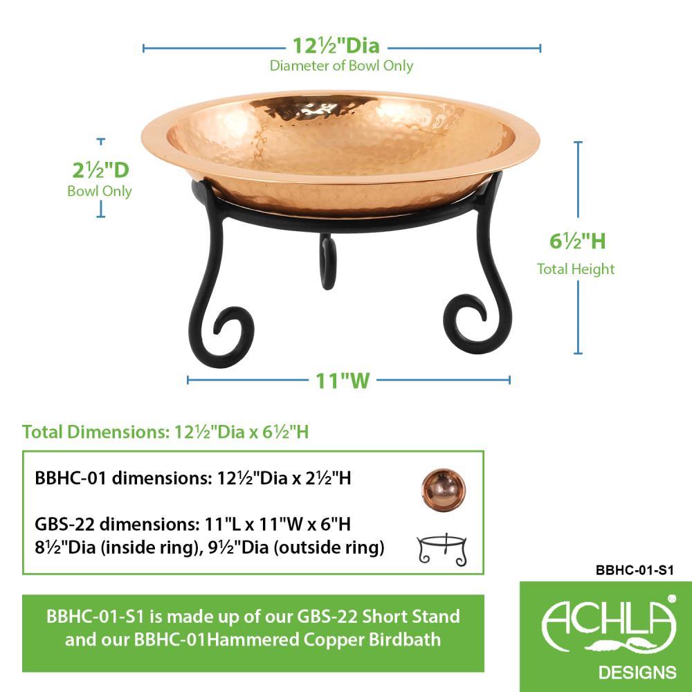 6.5" Hammered Copper Birdbath with Short Stand Polished Copper Plated - Achla Designs: Weather-Resistant, Freestanding