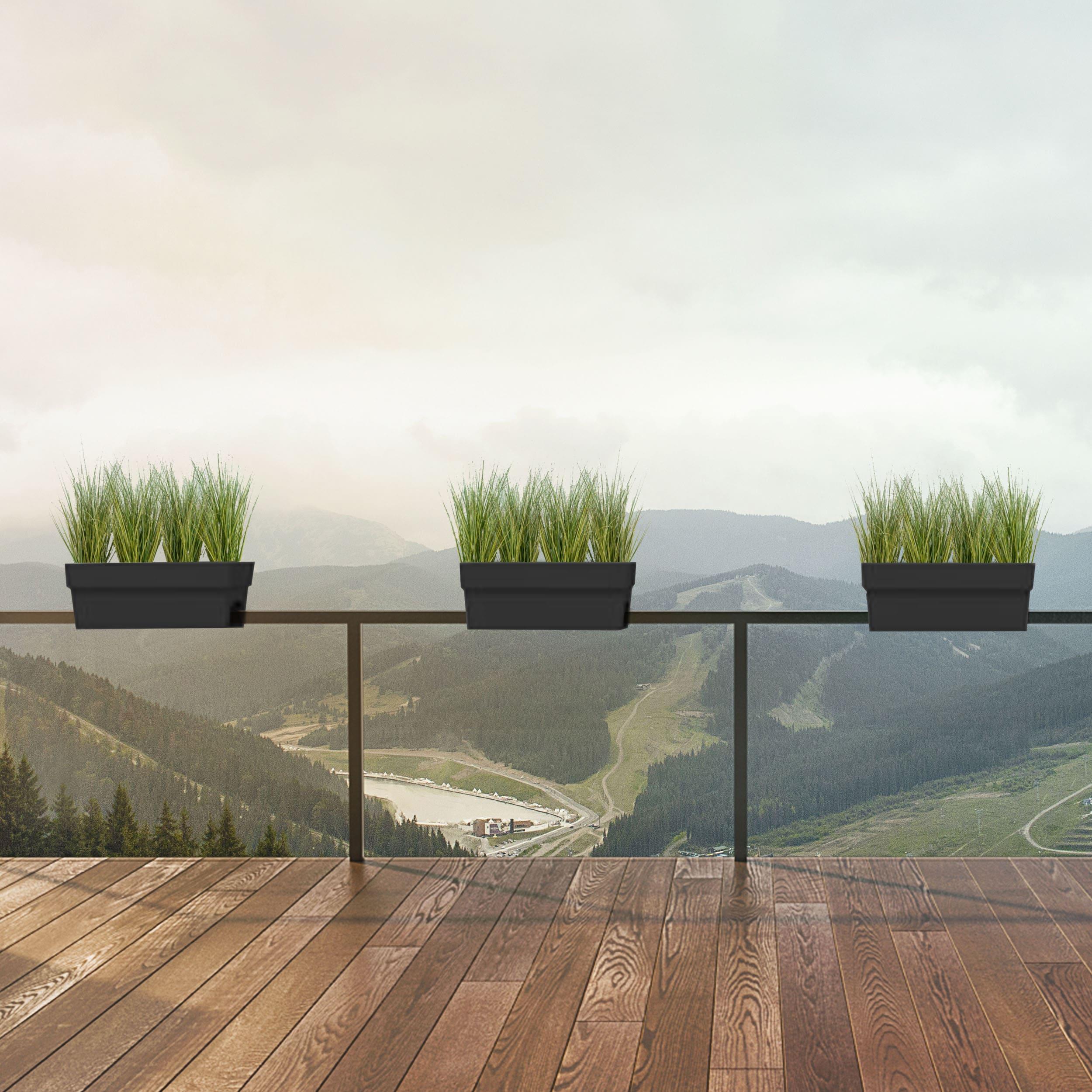 Bloem Finley Deck Rail Rectangle Planter: 24" - Black - Matte Finish, Fits Rail Sizes 3"-6", 100% Recycled Plastic Box, For Indoor and Outdoor Use, Gardening, 7.5 Gallon Capacity