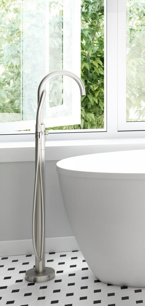 STRETTO 6732 Acrylic Freestanding Soaking Bath Univ End Drain White/White With NW50827 Round Tub Filler Chrome