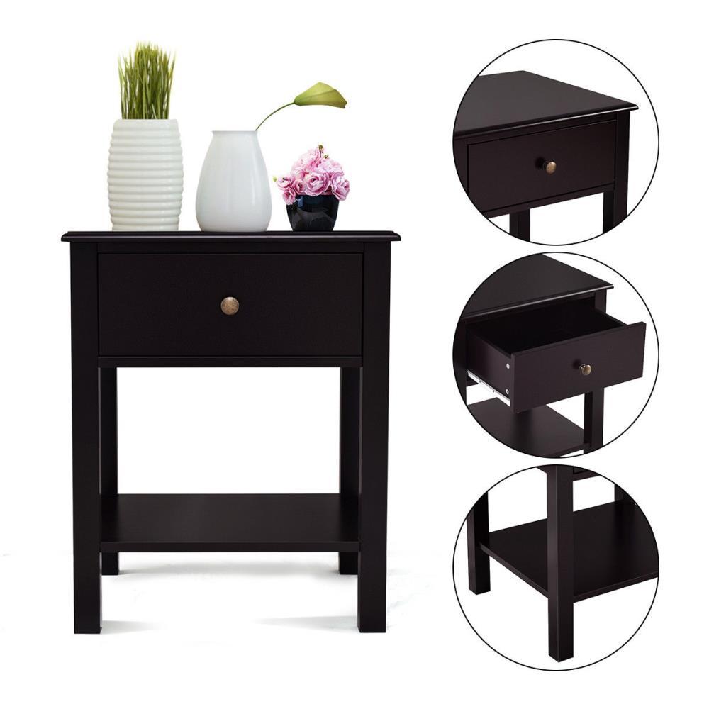 Tangkula End Table Nightstand w/Drawer & Shelf Bedroom Living Room Furniture Brown