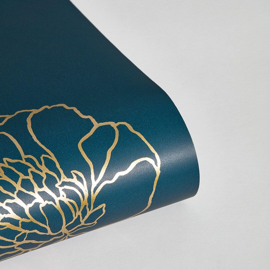 Tempaper & Co.® Peonies Removable Peel and Stick Wallpaper, Peacock Blue and Metallic Gold Floral, 28 sq. ft.: Vinyl Self-Adhesive