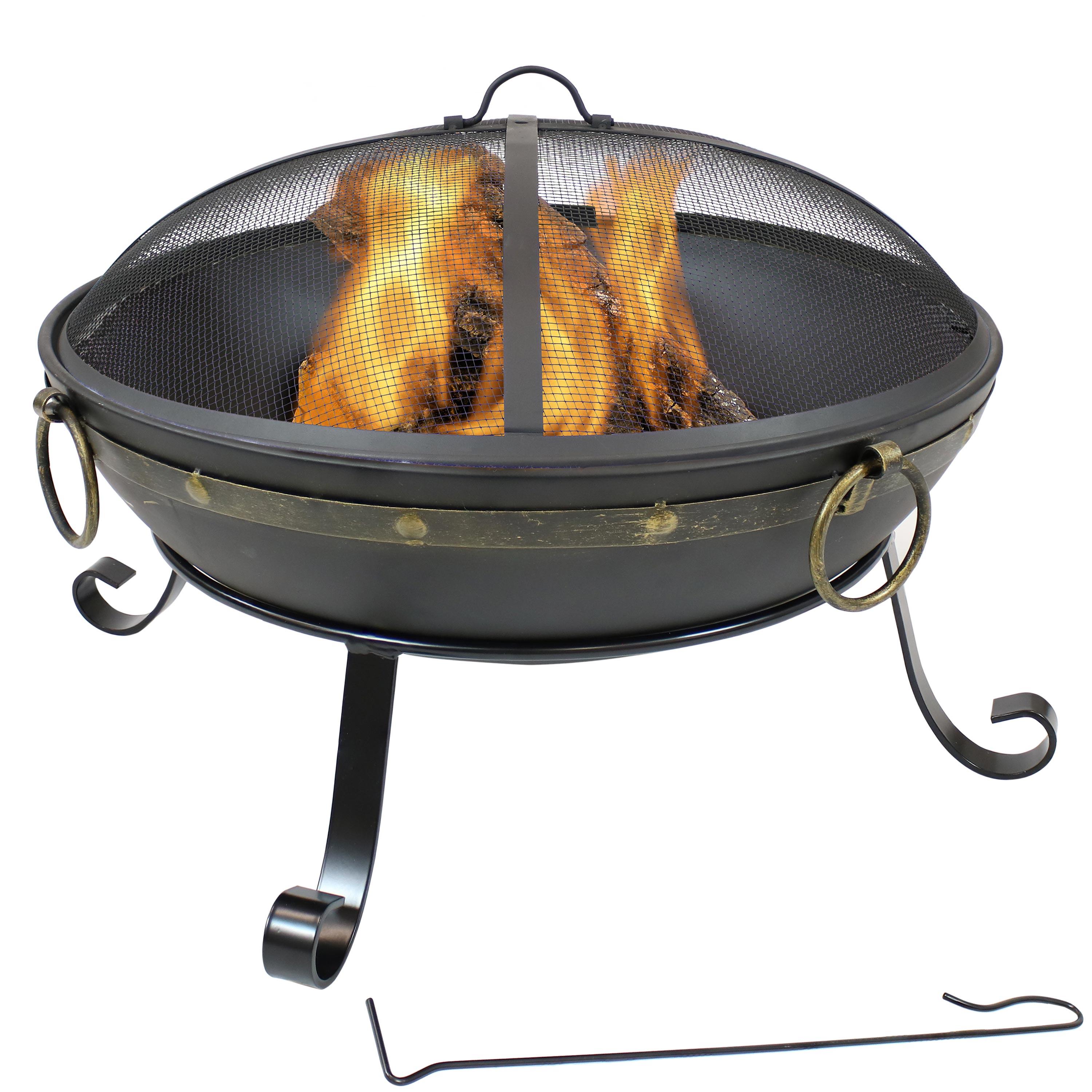 Victorian 25" Round Wood-Burning Black Finish Steel Fire Bowl with Spark Screen