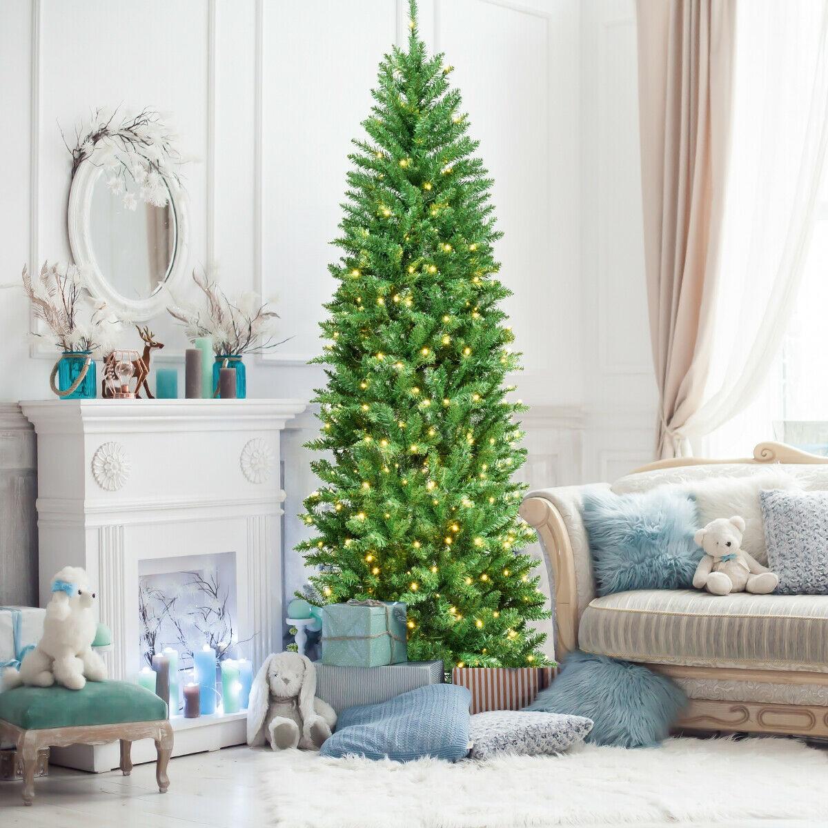 Costway 7Ft Pre-lit Artificial Pencil Christmas Tree Hinged Fir PVC Tree with 350 LED Lights
