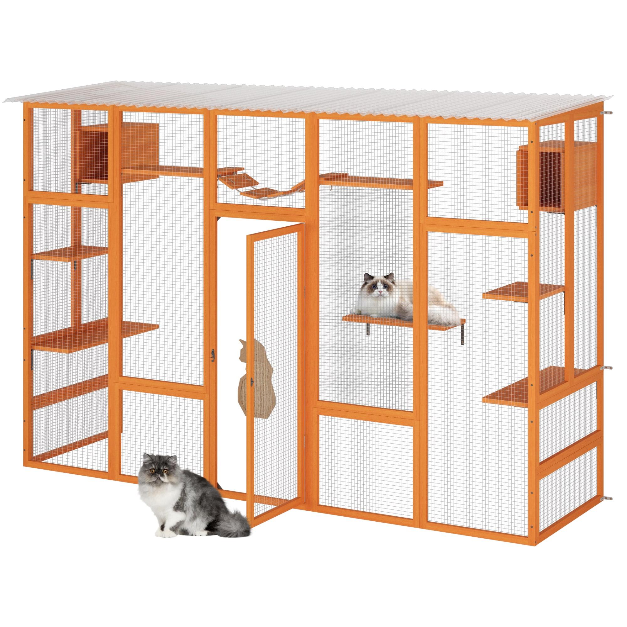 COZIWOW Outdoor Cat Enclosure, Catio Pet Safe House, 104" Extra Large Indoor Window Box with 7 Platforms, Resting Houses, and Walk-In Door, Orange