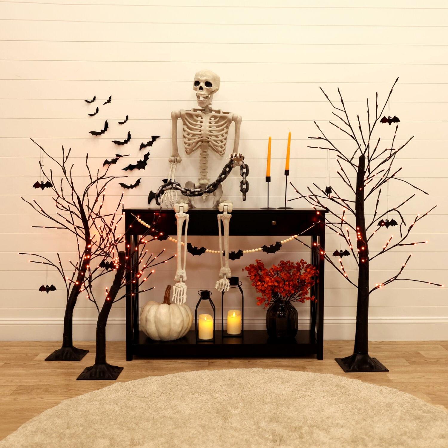 Haunted Hill Farm Set of 3 Halloween Trees with Bats and Orange LED Lights, 3-ft., 4-ft., and 5-ft.