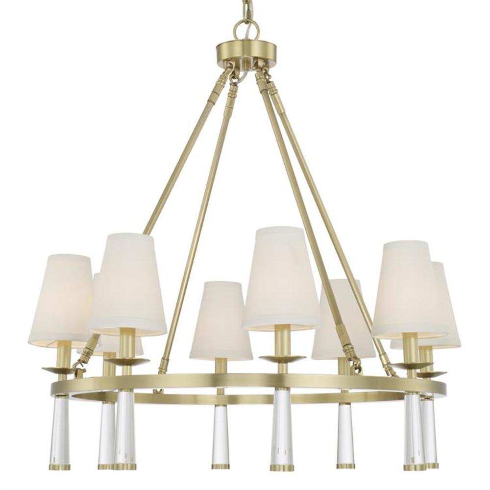 Elegant Aged Brass and Crystal 8-Light Chandelier with Silk Shade