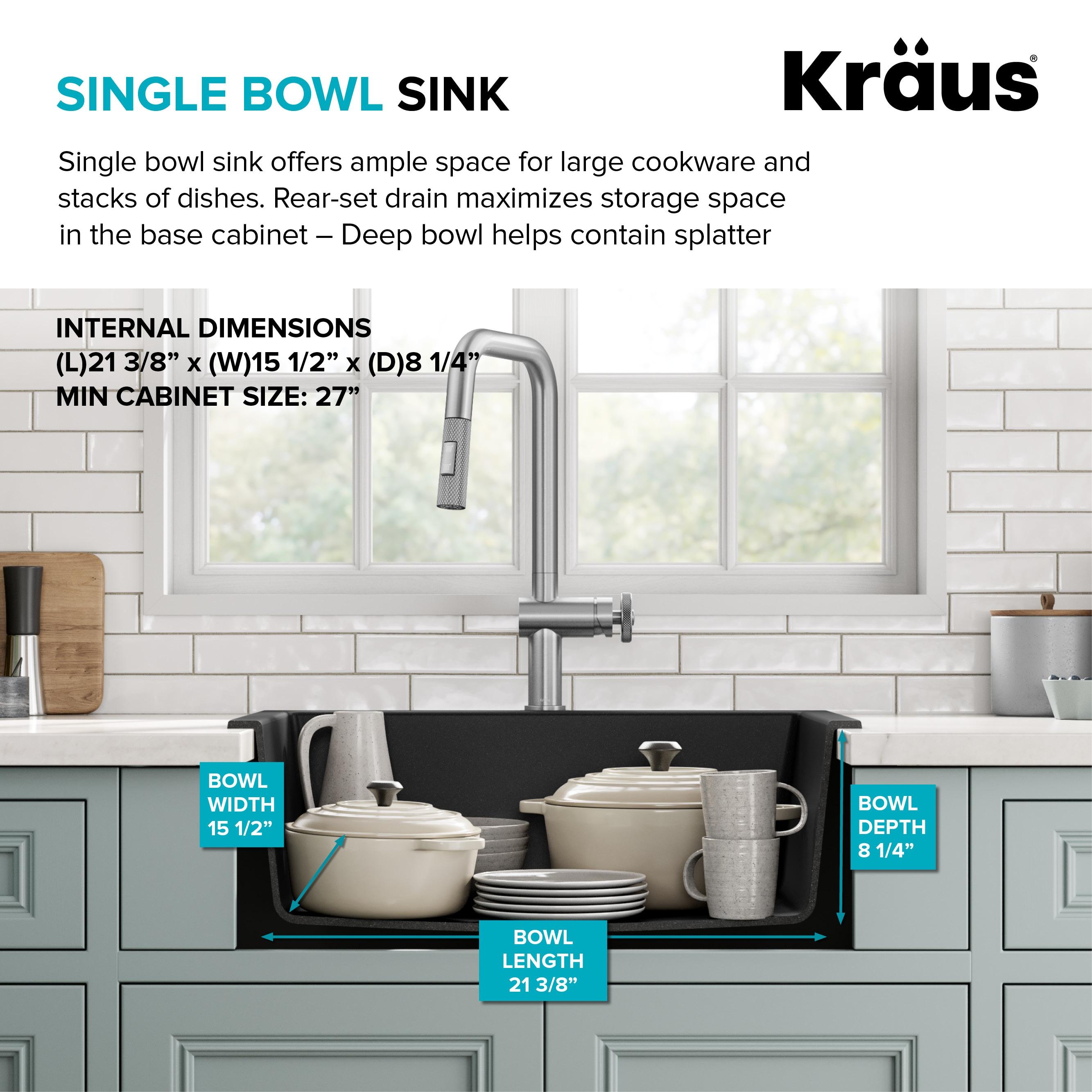 KRAUS 24 inch L Dual Mount Single Bowl Granite Kitchen Sink w/ Topmount and Undermount Installation in Black Onyx