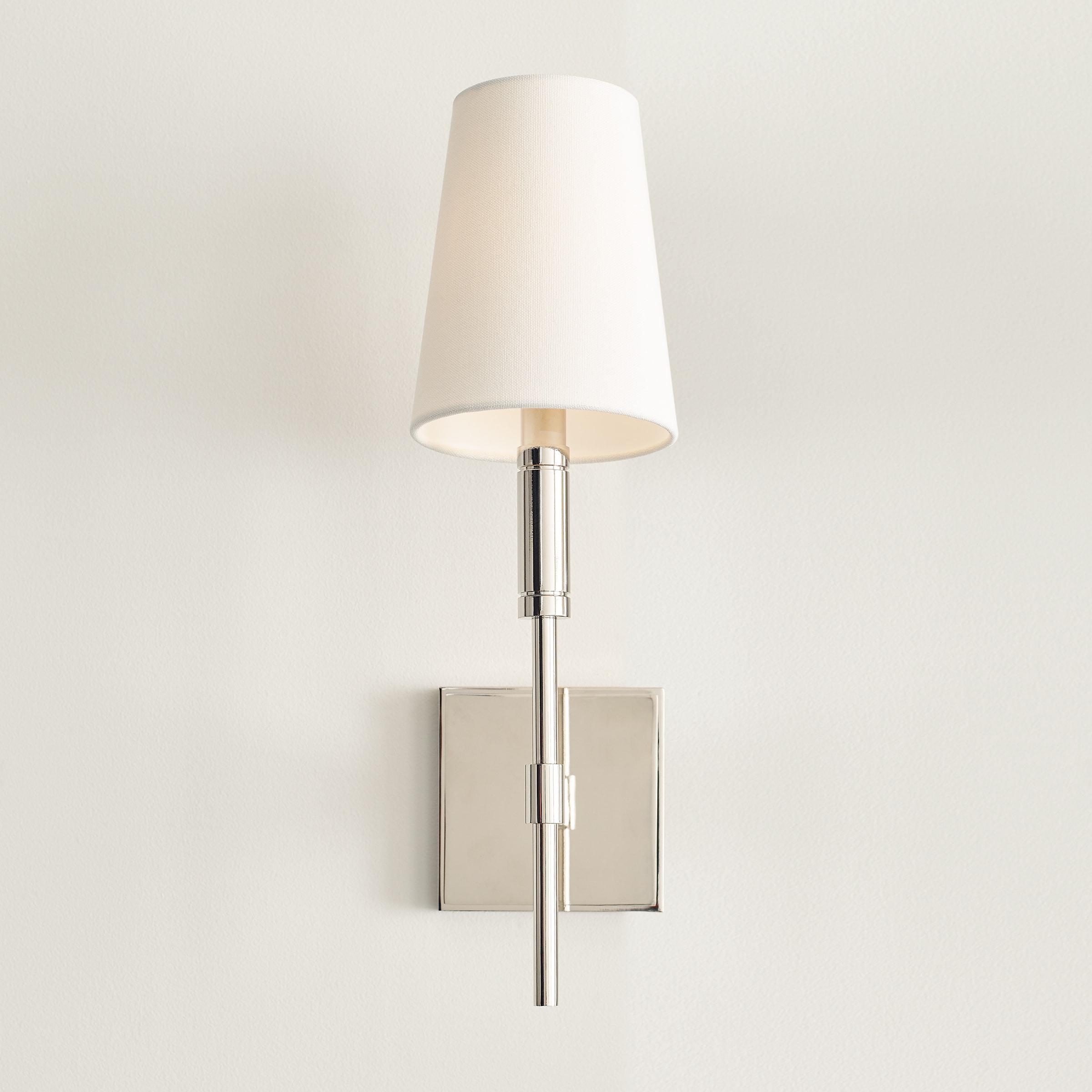 Polished Nickel 1-Light Wall Sconce with White Linen Shade