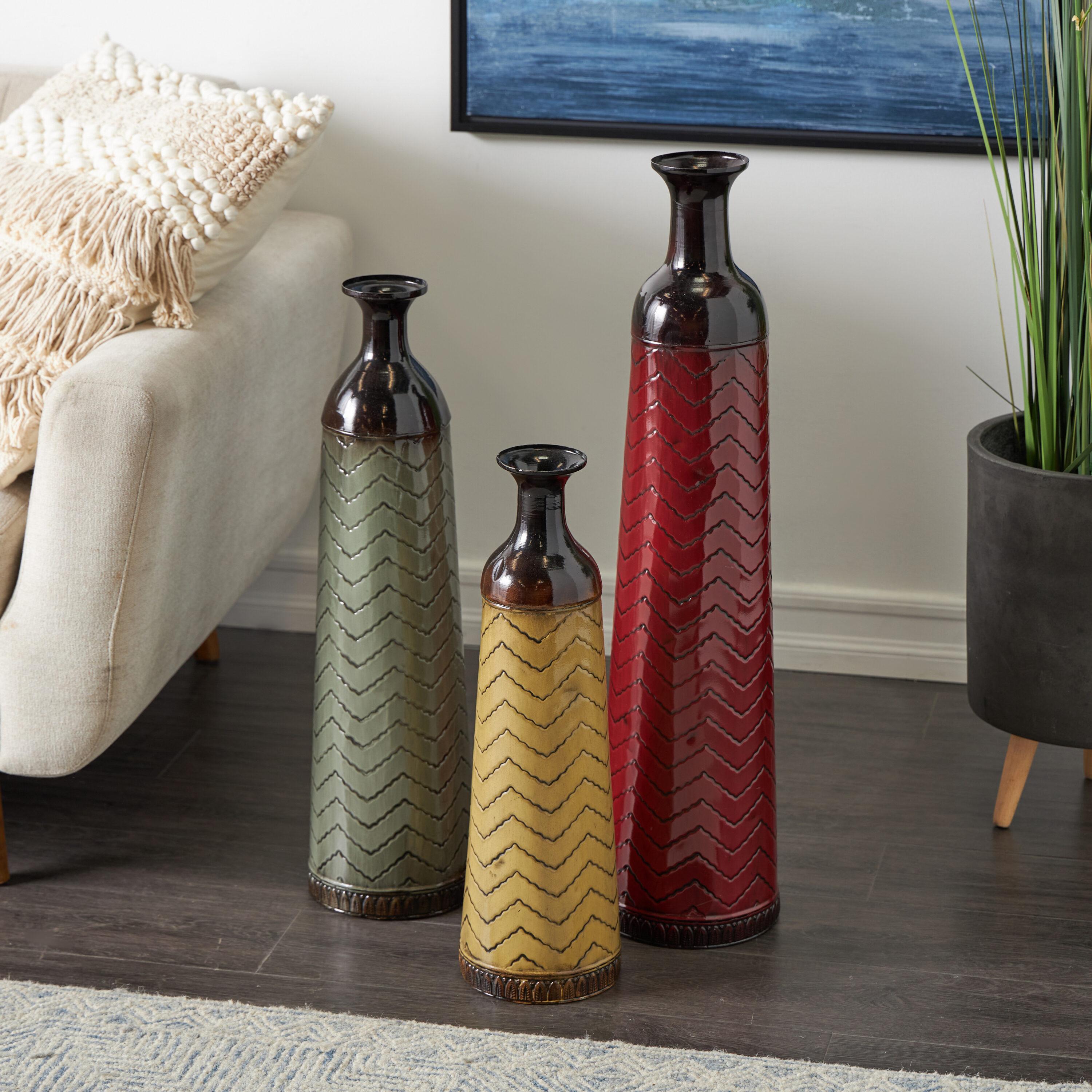 DecMode 32", 27", 22"H Tall Enameled Bottleneck Floor Multi Colored Metal Vase with Chevron Pattern, Set of 3