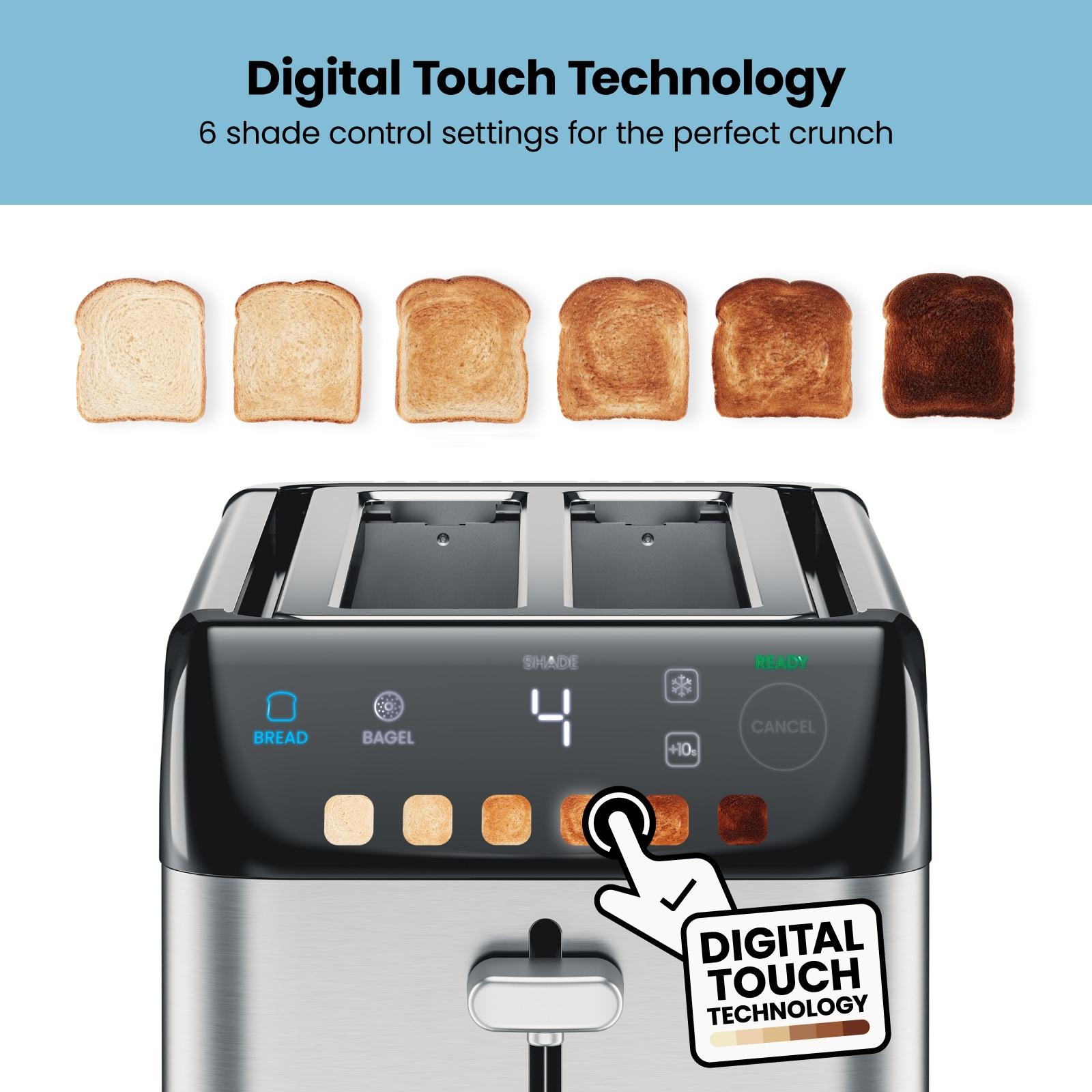 Chefman Smart Touch 4 Slice Digital Bread Toaster, 6 Shade Settings, Bagel Mode - Stainless Steel, New