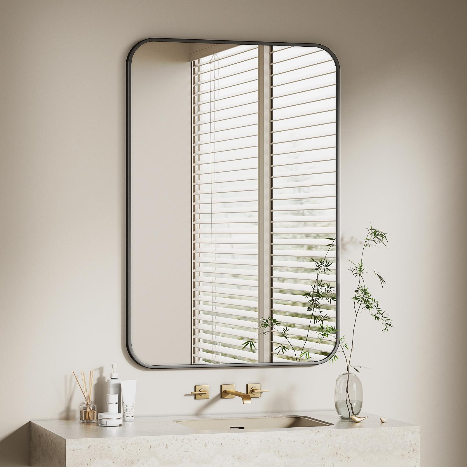 BEAUTYPEAK 20" x 28" Rectangular Aluminum Alloy Frame Wall Mounted Bathroom Mirror with Rounded Corners, Black