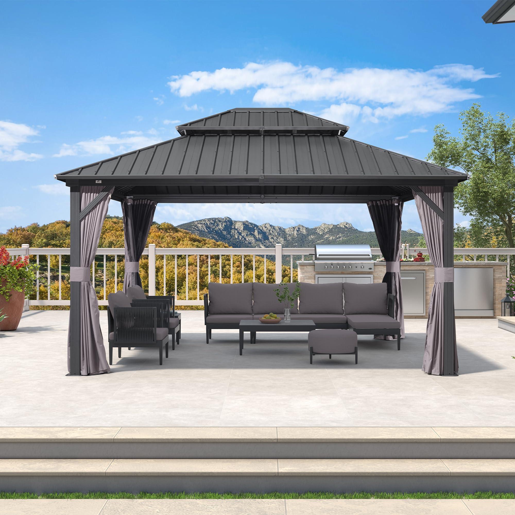 PURPLE LEAF 12' x 14' Permanent Hardtop Gazebo Aluminum Frame Gazebo with Galvanized Steel Double Roof, UV-Resistant for Backyard Patio Lawn and Garden, Netting & Curtains included - Grey