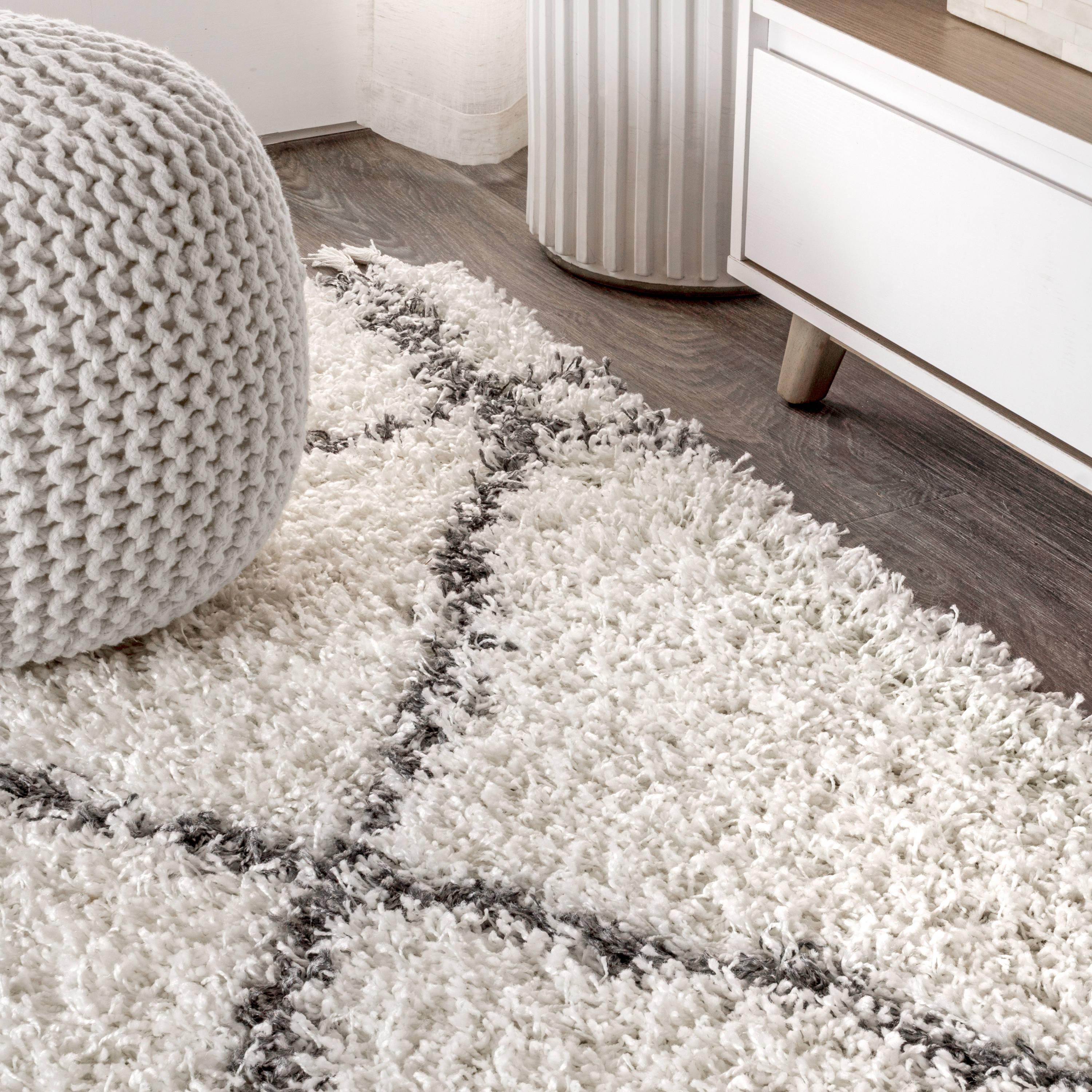 8'x10' Mercer Shag Plush Tassel Moroccan Geometric Trellis Area Rug, Cream/Grey - JONATHAN Y
