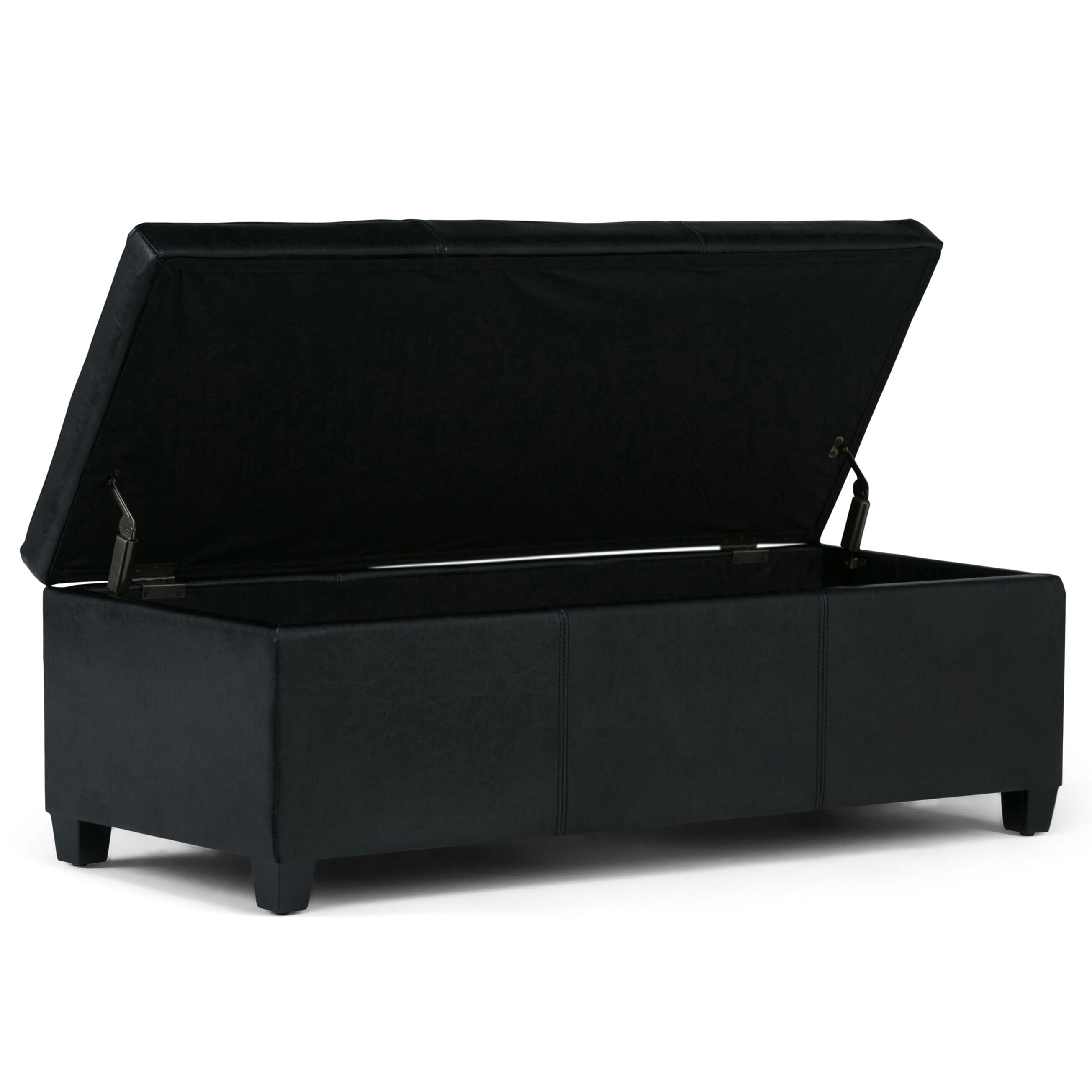 Simpli Home Avalon Storage Ottoman Bench In Midnight Black Vegan Faux Leather