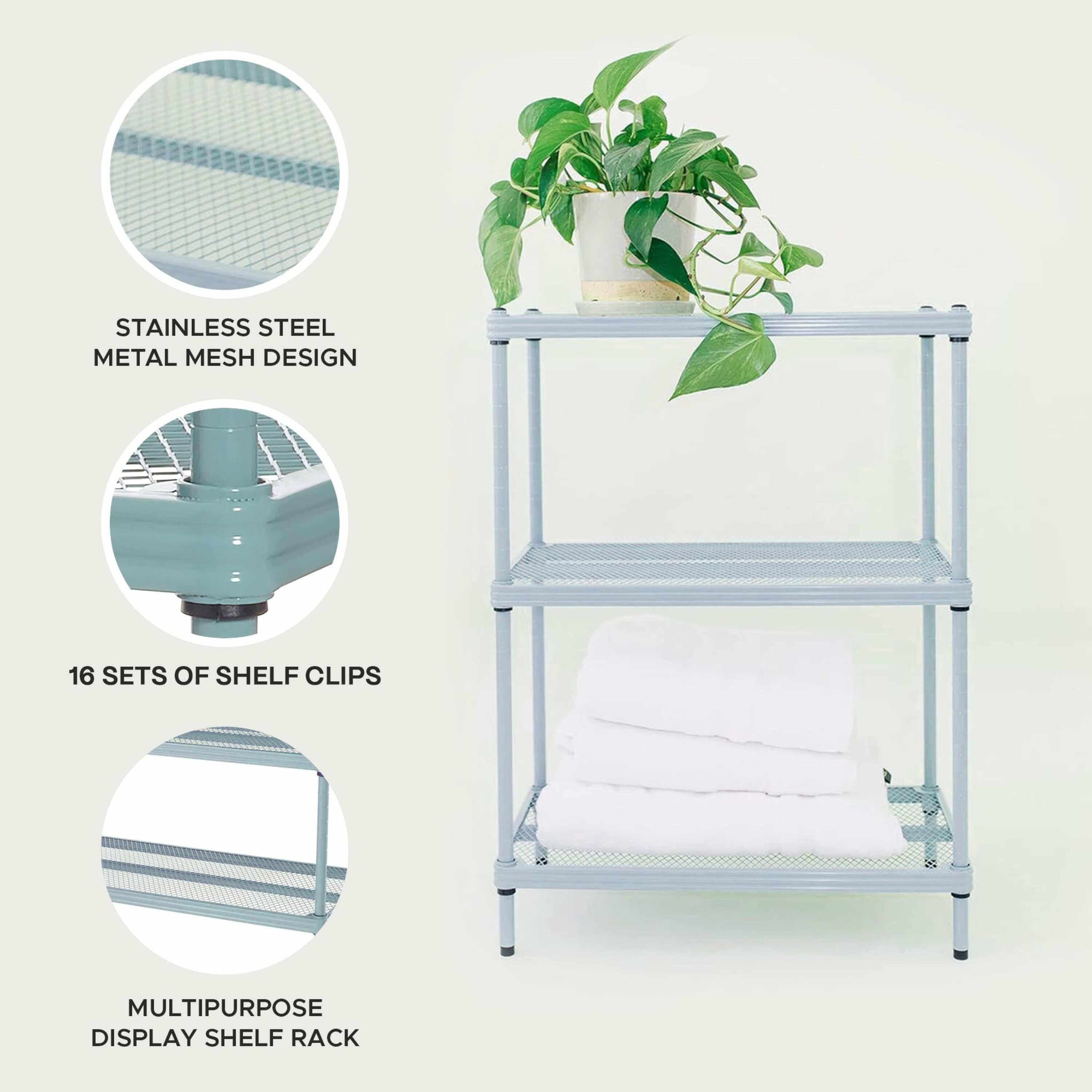Design Ideas MeshWorks 3 Tier Full-Size Metal Storage Shelving Unit Rack for Kitchen, Office, and Garage Organization, 23.6” x 13.8” x 31.5,” Blue
