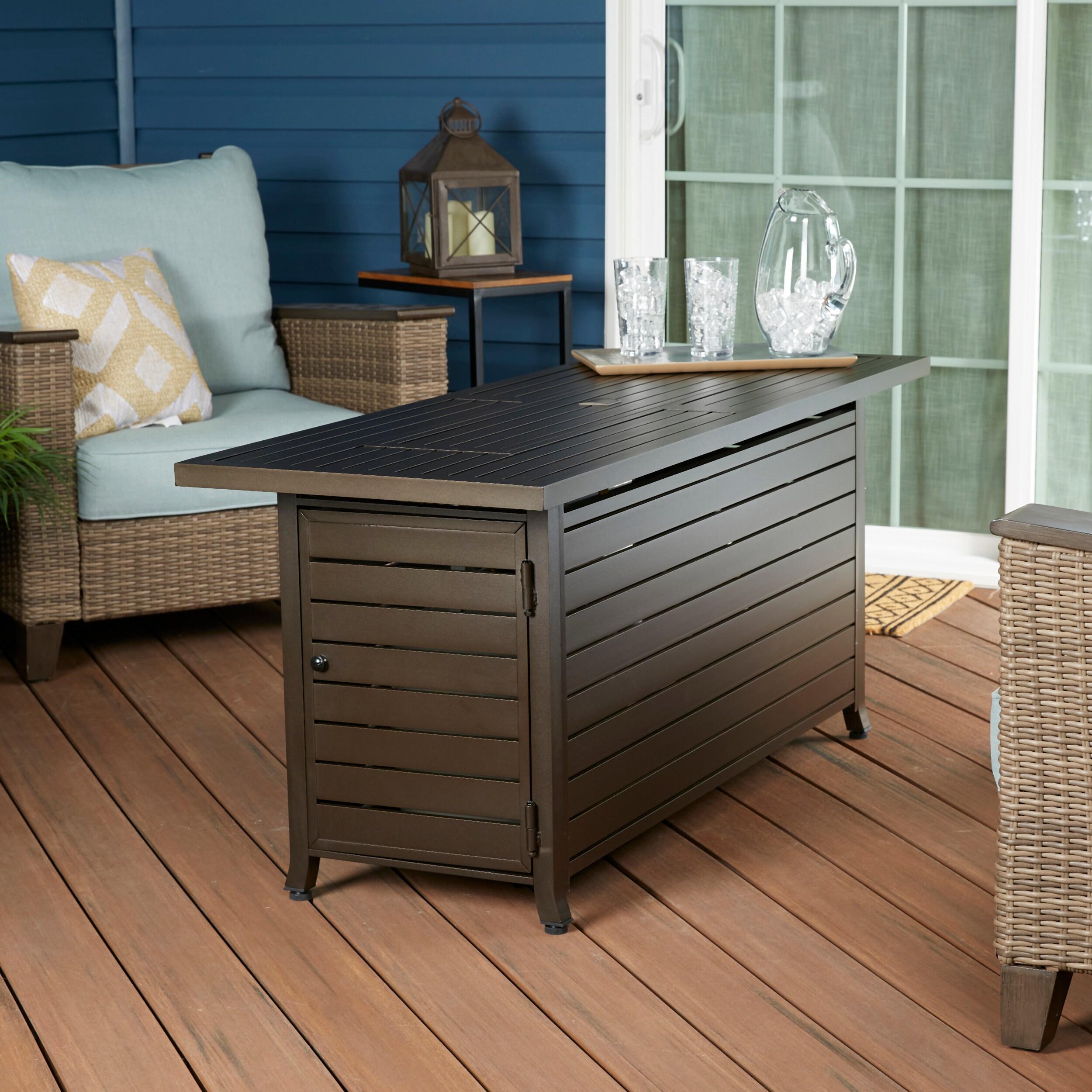 56 in. x 21 in. Rectangular Fire Table with Glass Wind Guard, Cover and Table Lid in Bronze