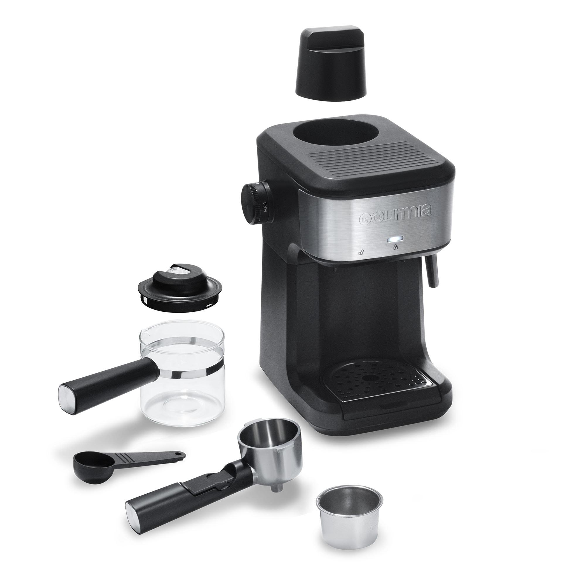 Gourmia 4-Shot Steam Espresso, Cappuccino, and Latte Maker with Frothing Wand: 1.5L Capacity, 1500W Electric