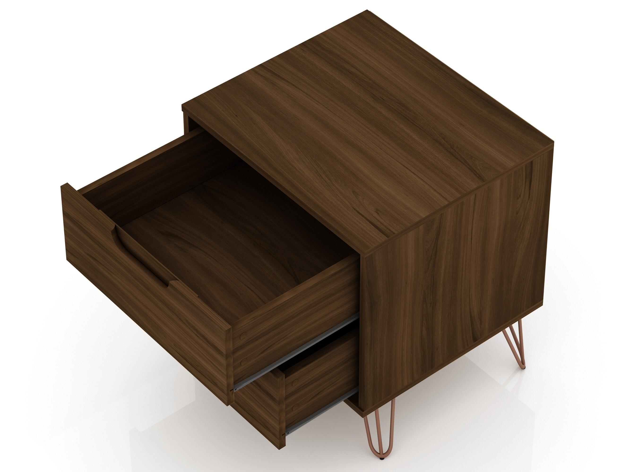 2.0 Rockefeller Nightstand Brown - Manhattan Comfort: Modern Bedside Table with Metal Legs & Storage