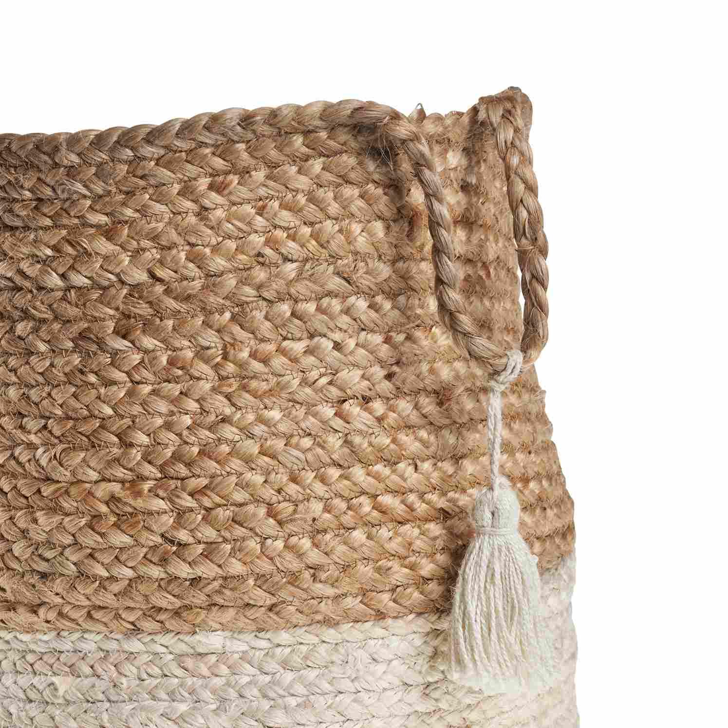LR Home Woven Round Jute 17" Storage Basket with Handles, White Stripe