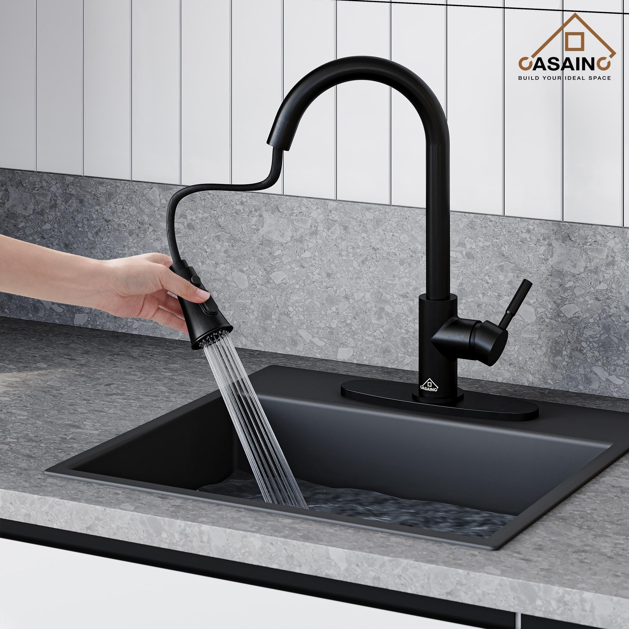 Pull Down Sprayer Kitchen Faucet with Dual-Function Sprayer and Deck Plate in Spot-Free