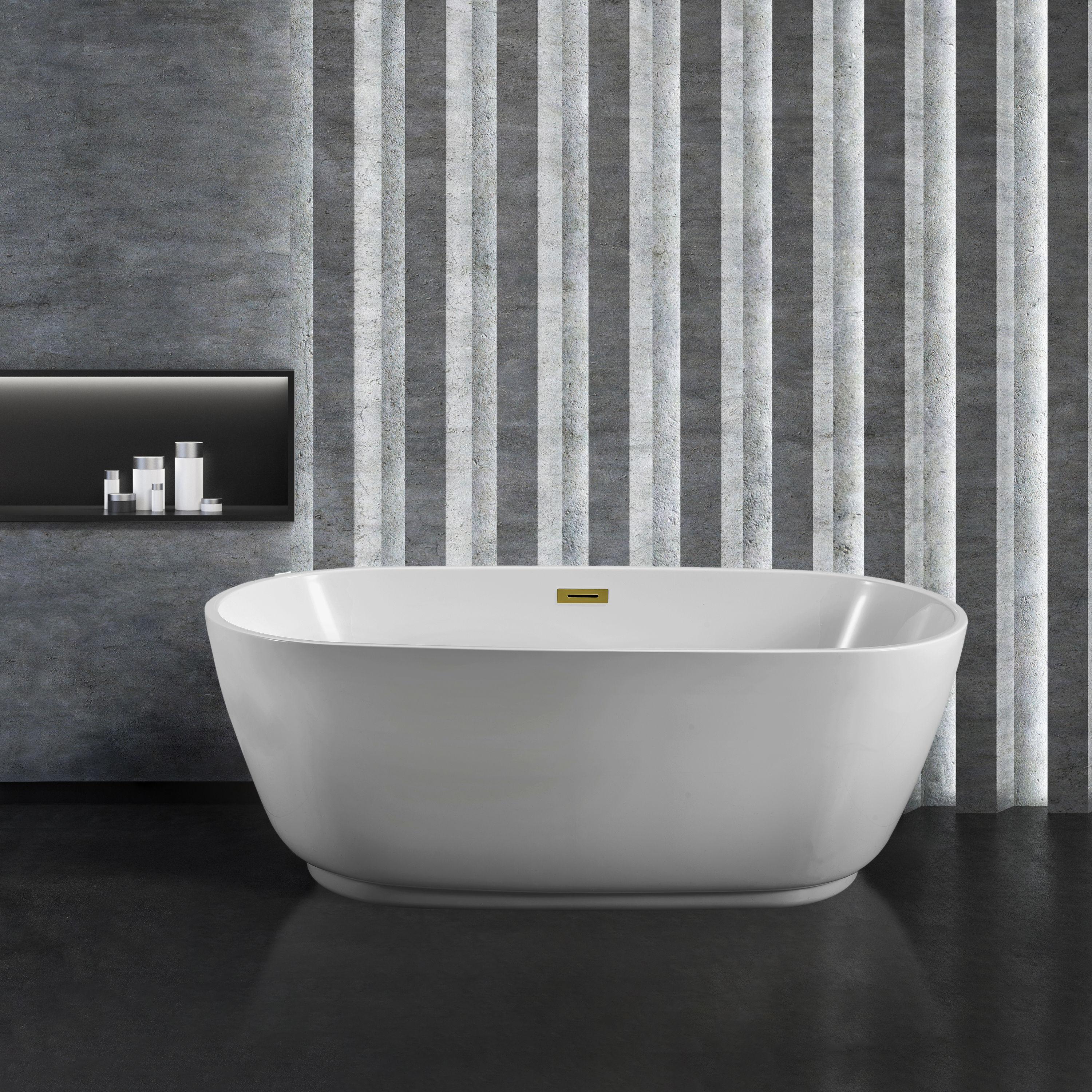 58" Streamline Freestanding Soaking Acrylic Bathtub With Drain and Bamboo Tray