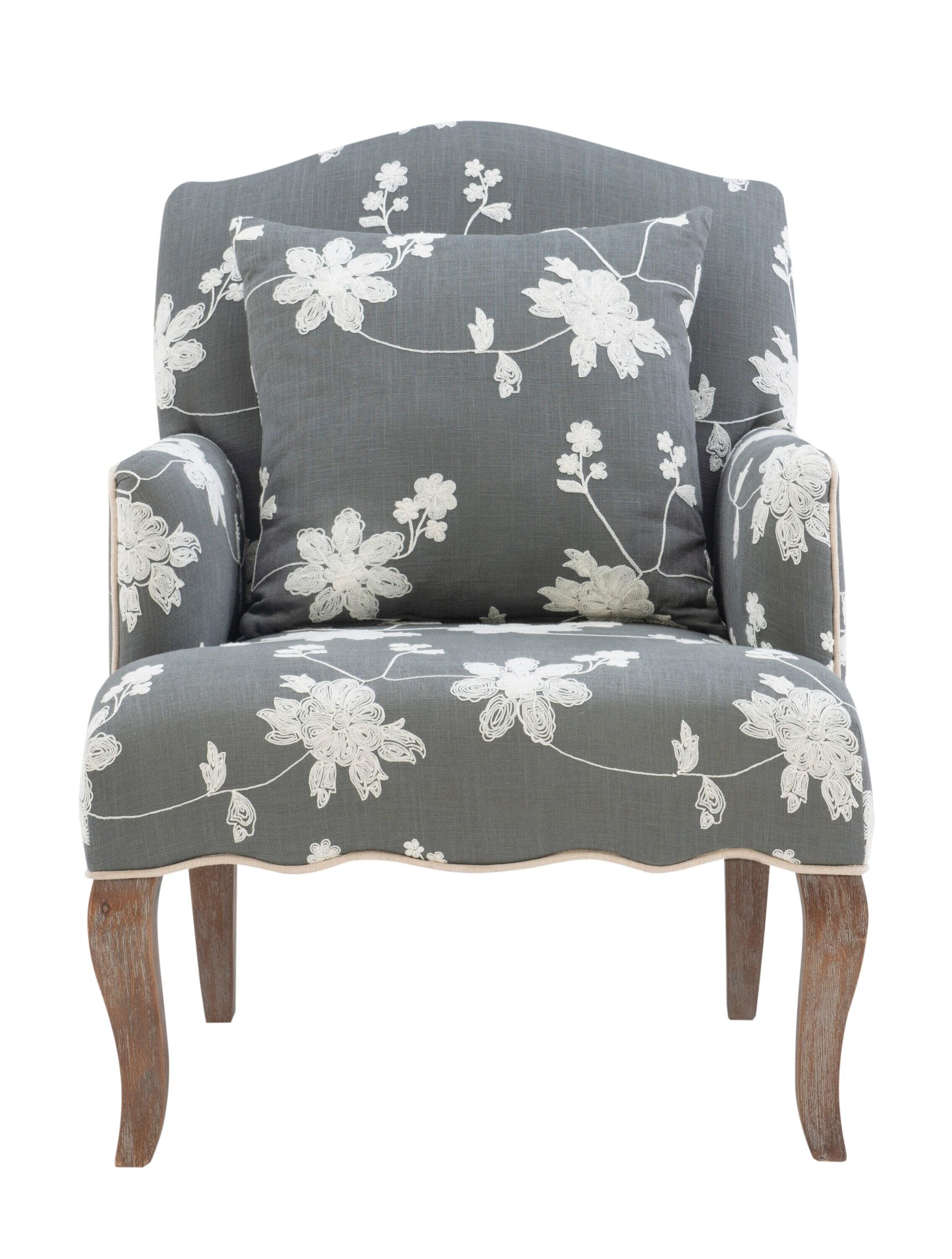 Traditional Floral Upholstered Embroidered Linen French Accent Armchair - Gray - Linon