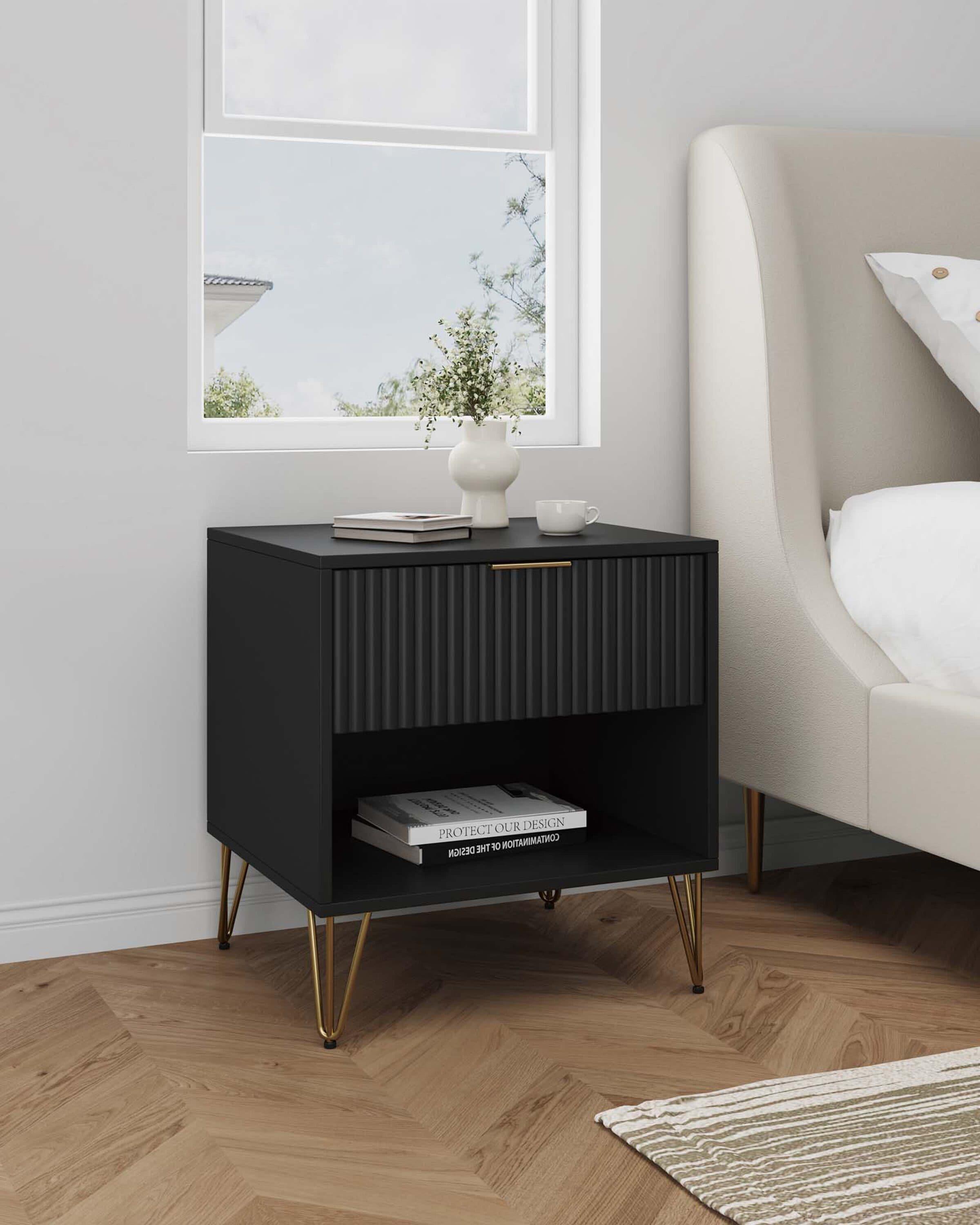 Manhattan Comfort Dumbo Nightstand with Drawer Black: Modern Design, Splayed Metal Legs, Soft Close Storage