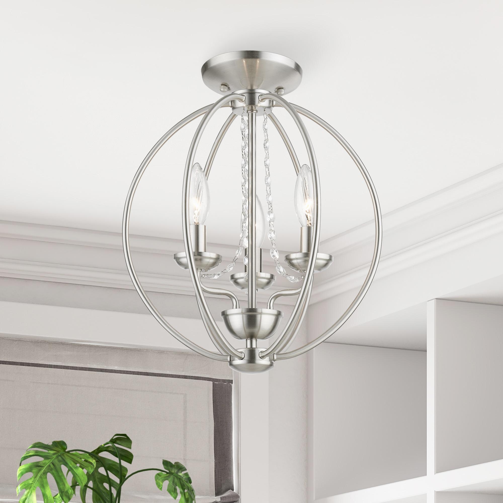 Delridge 12 in.  3-Light Brushed Nickel Globe Convertible Chandelier/Semi Flush with Clear Crystals