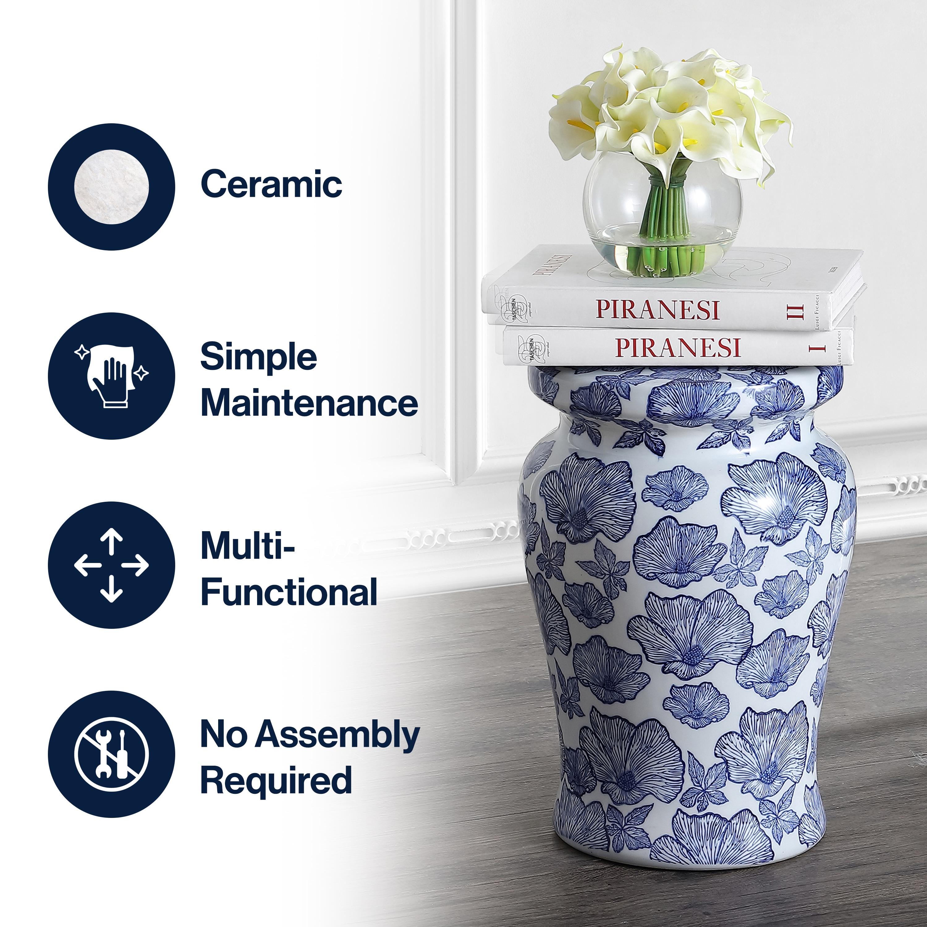 JONATHAN Y Poppies 17.7" Ceramic Garden Stool, White/Blue