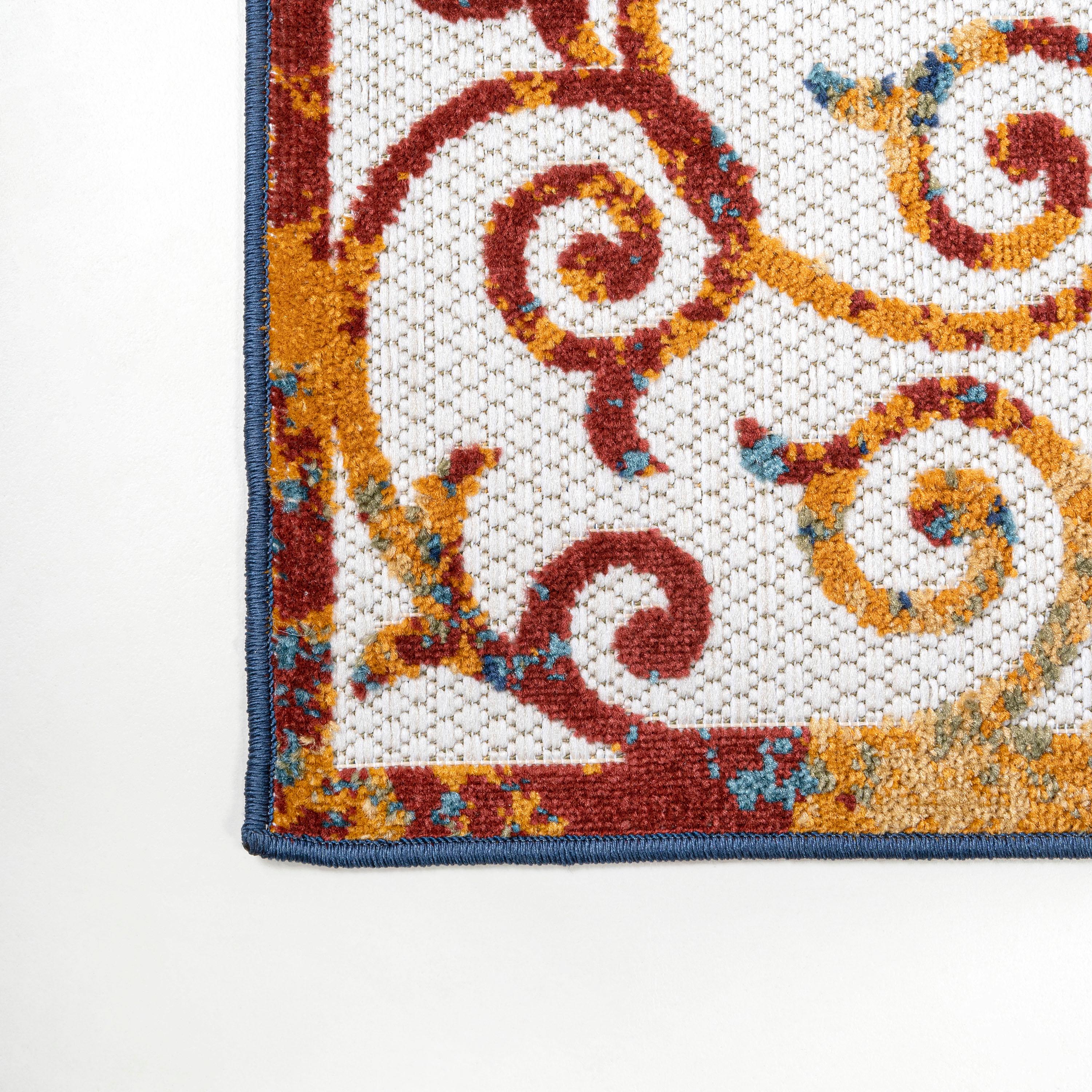 3'x5' Atrani Scroll Trellis Indoor/Outdoor Area Rug, Cream/Blue/Red - JONATHAN Y