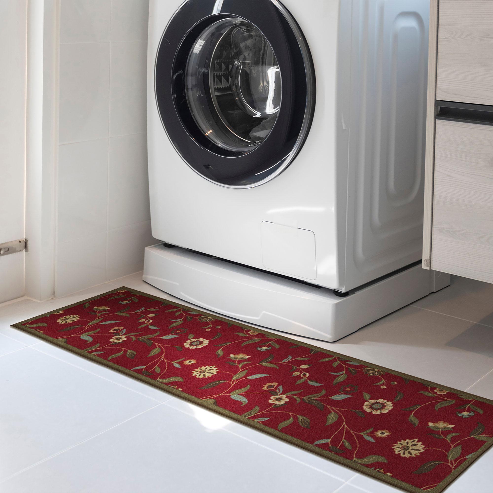 Ottohome Non-Slip Floral Leaves Area Rug For Living Room, Hallway, Entryway Rug, Dark Red