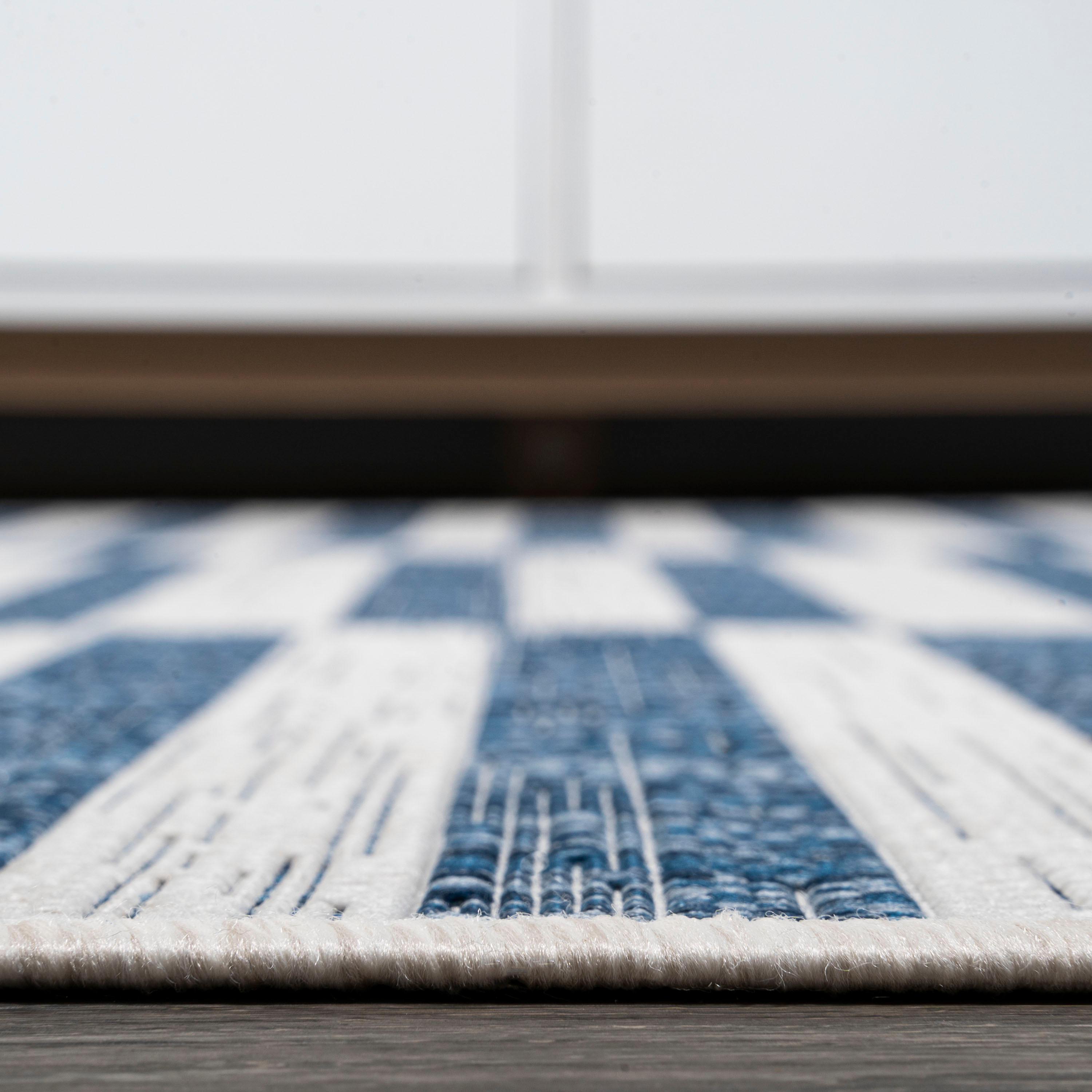 2'x8' Sukie Modern Offset Stripe Indoor/Outdoor Runner Rug, Ivory/Blue - JONATHAN Y