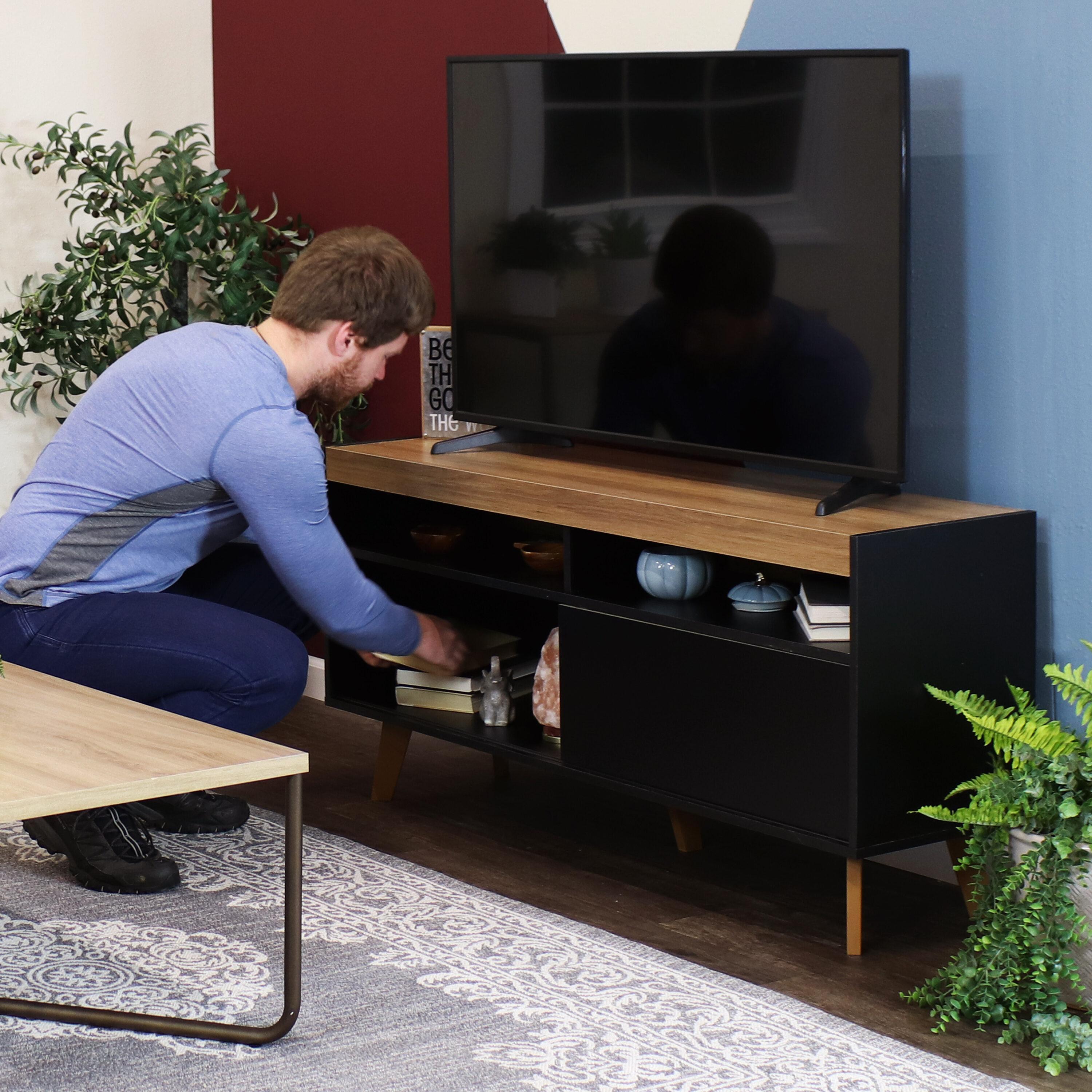 Sunnydaze Indoor Mid-Century Modern TV Stand Console with Storage Cabinet and Shelves for 58" TV - Black