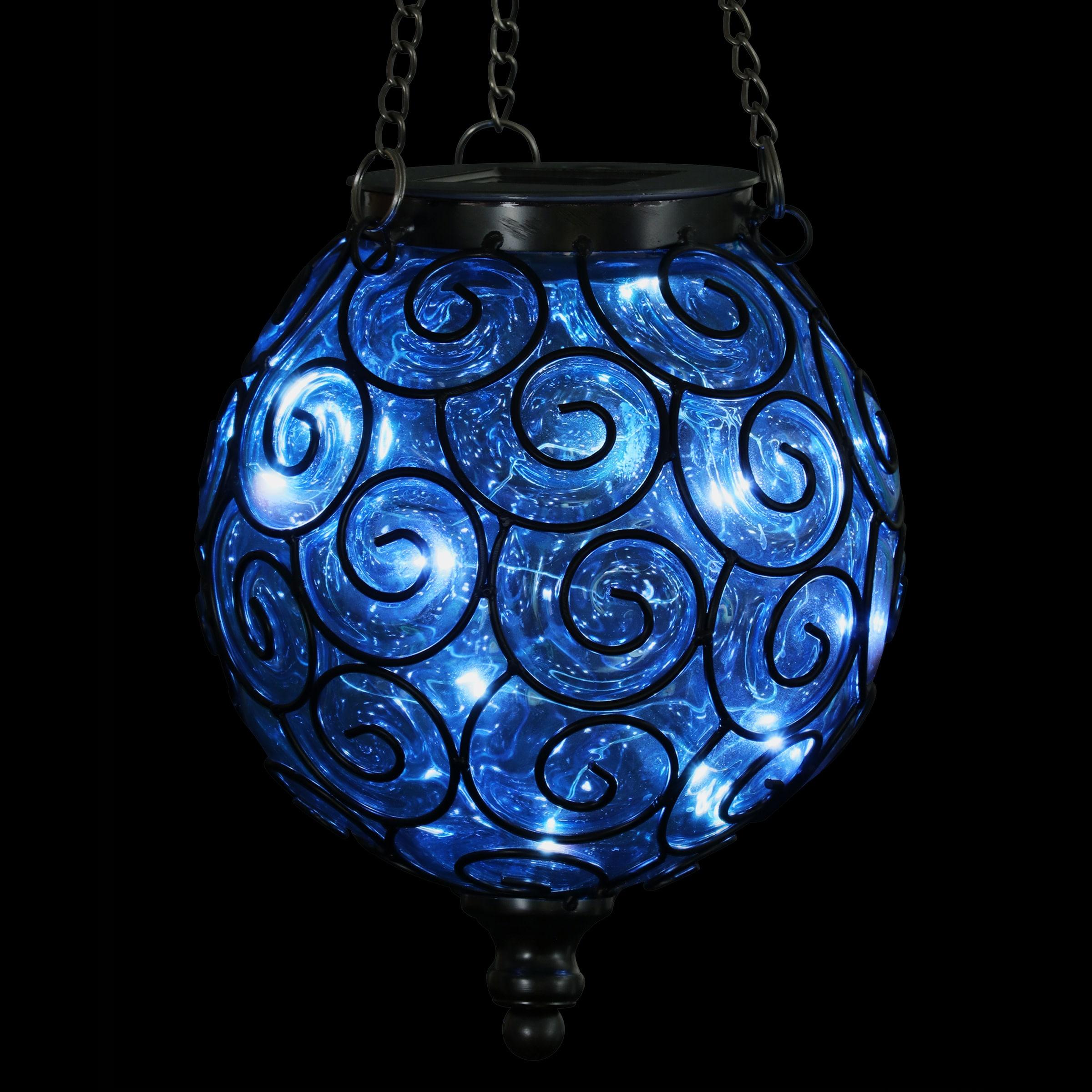 Exhart Solar Round Glass and Metal Hanging Lantern with 15 Cool White LED Firefly String Lights, 7 by 21"