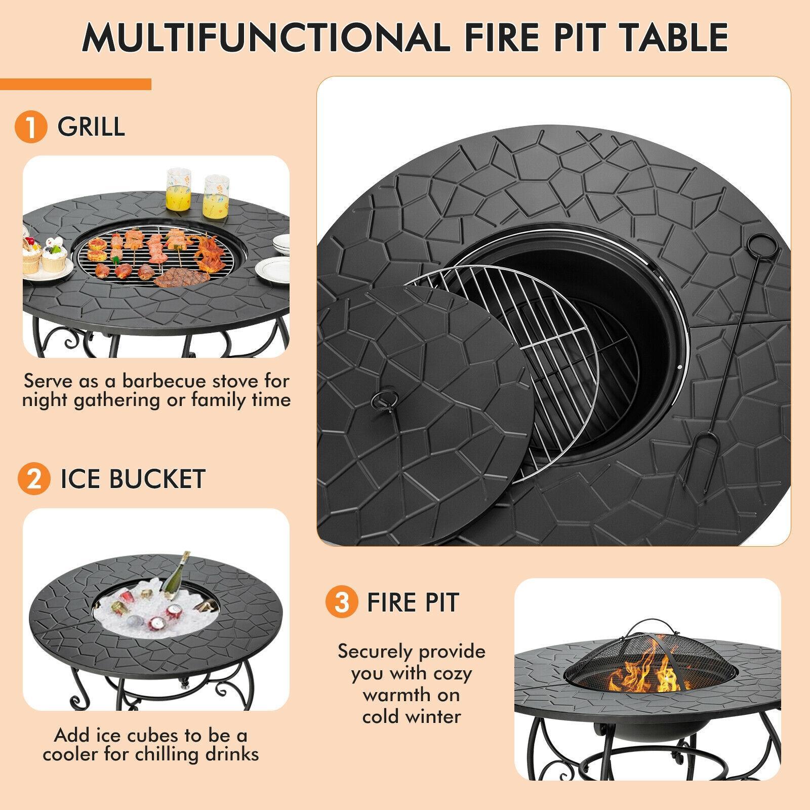 Costway 35.5'' Patio Fire Pit Dining Table Charcoal Wood Burning W/ Cooking BBQ Grate